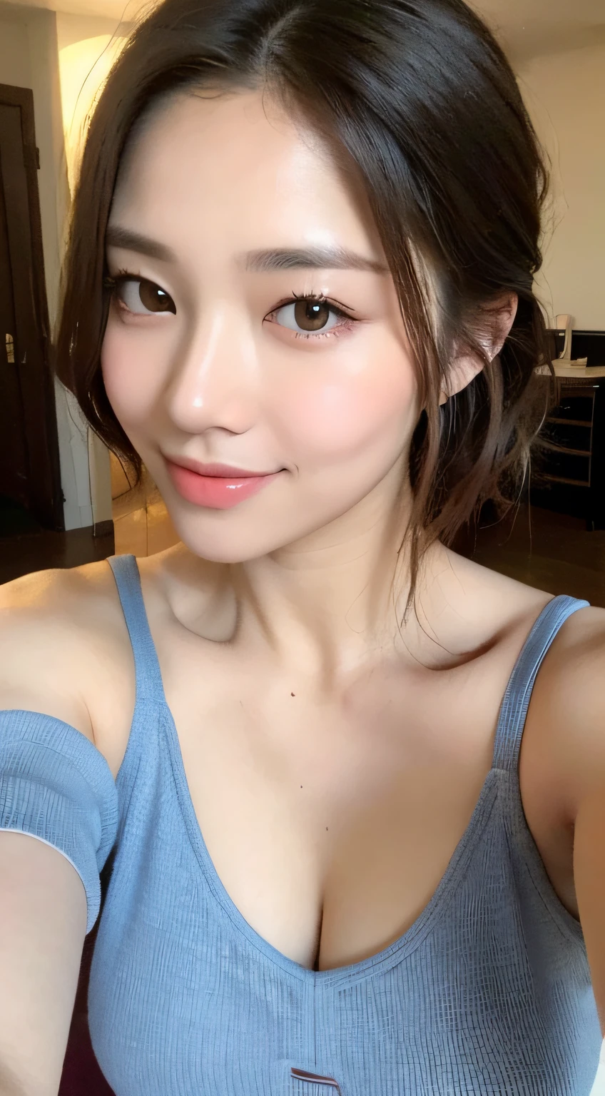 ((Best Picture Quality, 8k, The Masterpiece:1.3)), 1girl, Beautiful woman with slender abs:1.3, (Casual hairstyle, :1.2), sexy dress，Ultra-fine face, detailed eye, Double eyelid，Smile with。Take pictures in cute poses，The figure is very bad，Small waist，largebreasts，Close-up，Close-up chest，beatiful backgrounds