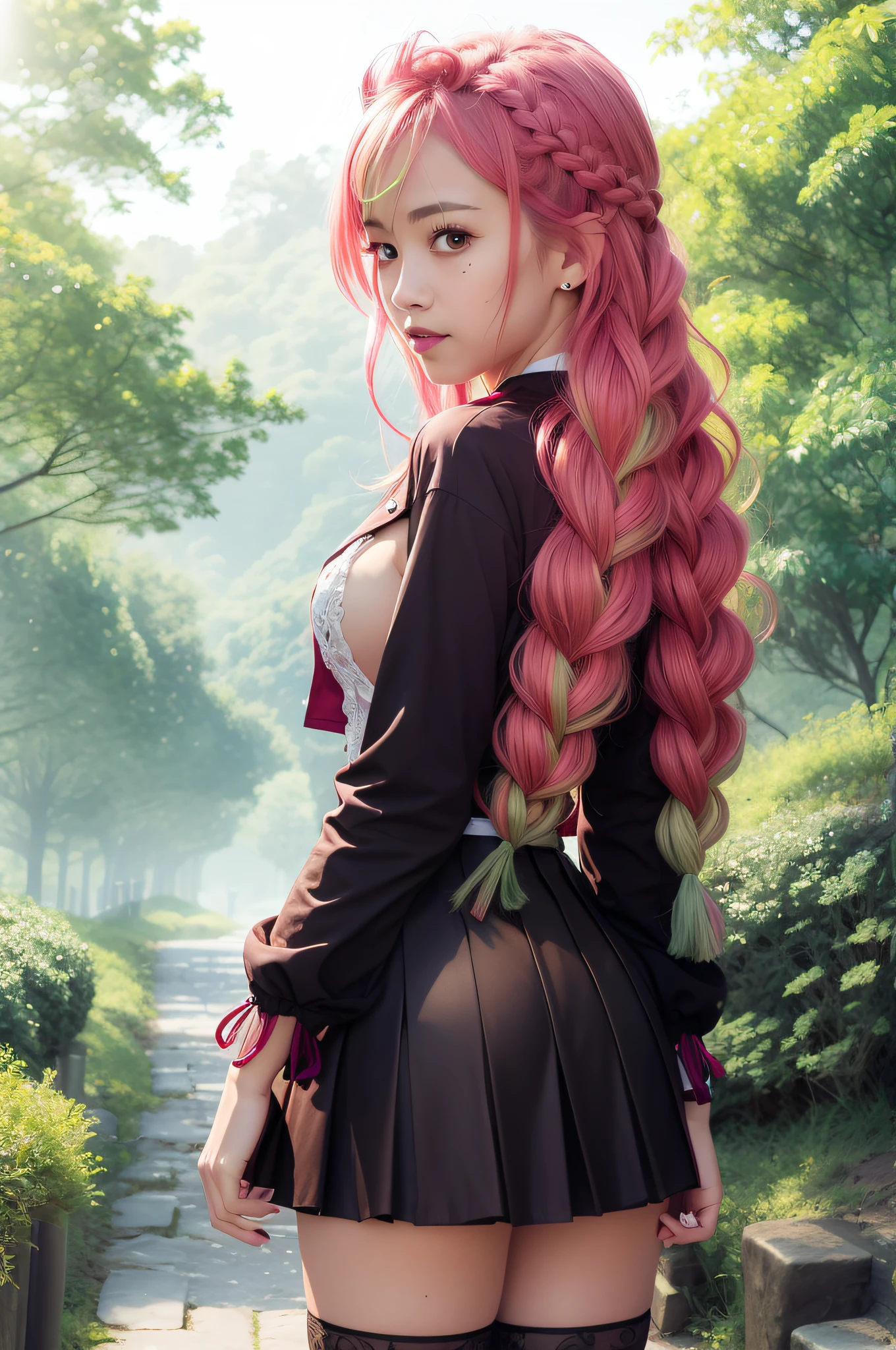 ultra realistic 8k cg, masterpiece, ((ultra detailed background, delicate pattern, intricate detail)), (highly detailed, fine details), best quality, 1girl, (photorealistic:1.4),beautiful lighting, absurdres, RAW photo, film grain, 1girl, solo, smile, long sleeves, looking at viewer, japanese clothes, medium-small breasts, haori, cleavage, closed mouth, (jacket, skirt, belt, black skirt, pleated skirt, thighhigh, from behind), green thighhighs, zettai ryouiki, (two-tone hair, pink hair, green hair), green eyes, (forest path background, complex detailed background)