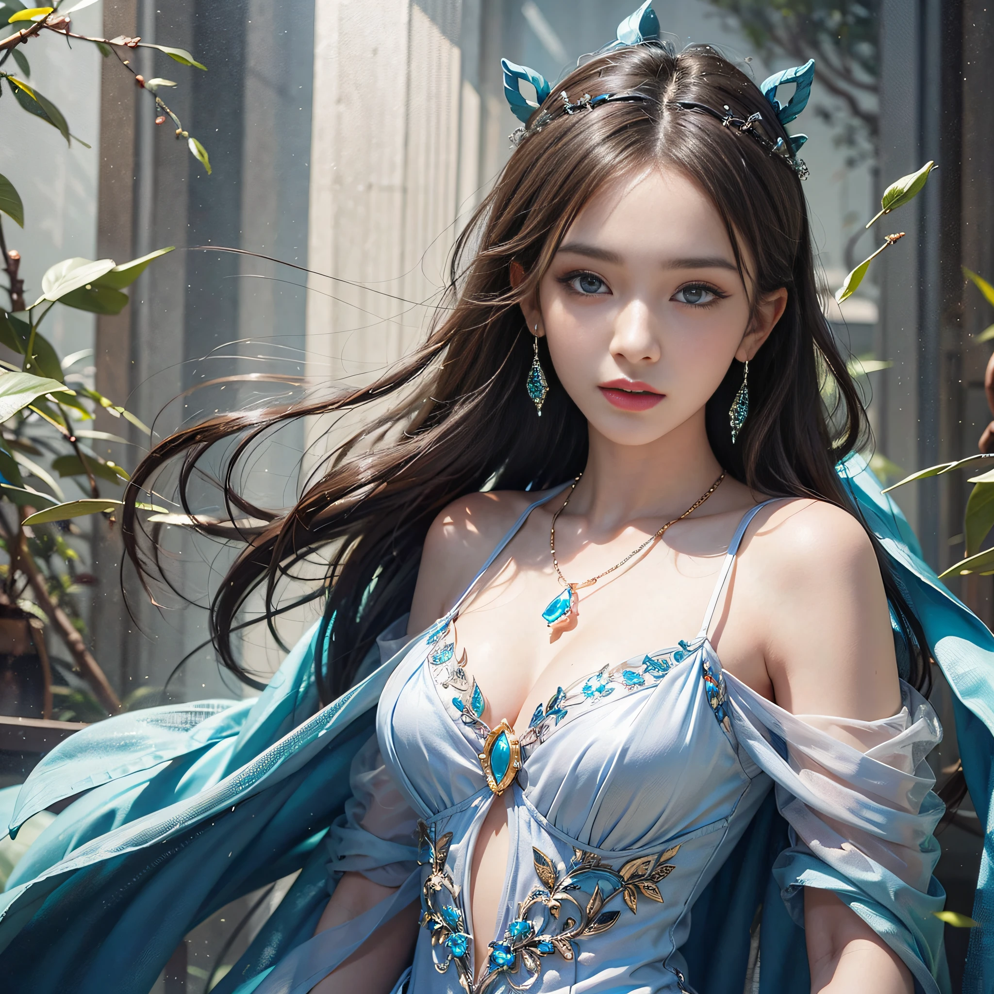 (A masterpie)、(beste Quality)、(Realistic)、Charming daughter、Portrait of a beautiful girl、1girls、Transparent eyes、beautifuldetailedeyes、Glitter eyes、Glowing eyes、flawless face、Beautiful nose、Beautiful mouth、Pretty lips、fine-grained skin、portrait shooting、Professional artwork、in 8K、photorealestic、Long dress、Elegant face、flawless anatomy、Perfect Female Body:1.4、Ultra-realistic painting:1.4、Ultra-precision painting:1.4、tback:1.4、corporate headquarters、Raw photography、neckless、ear ring、goddesses、Fantastical、