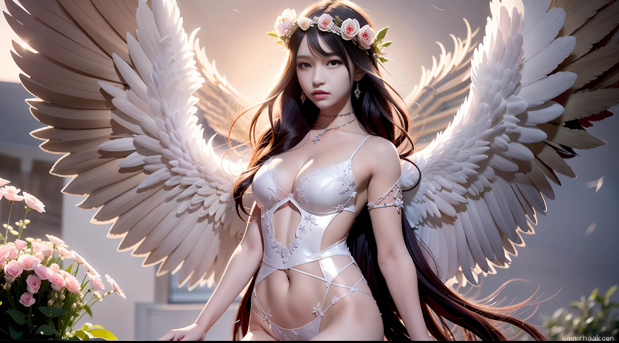 araffe angel with wings and a flower crown on her head, concept art by Yang J, tumblr, fantasy art, of beautiful angel, full - body majestic angel, super wide angel, beautiful angel, anime goddess, angelic wings on her back, of an beautiful angel girl, beautiful female angel, beautiful cyborg angel girl, young wan angel, beautiful alluring anime woman