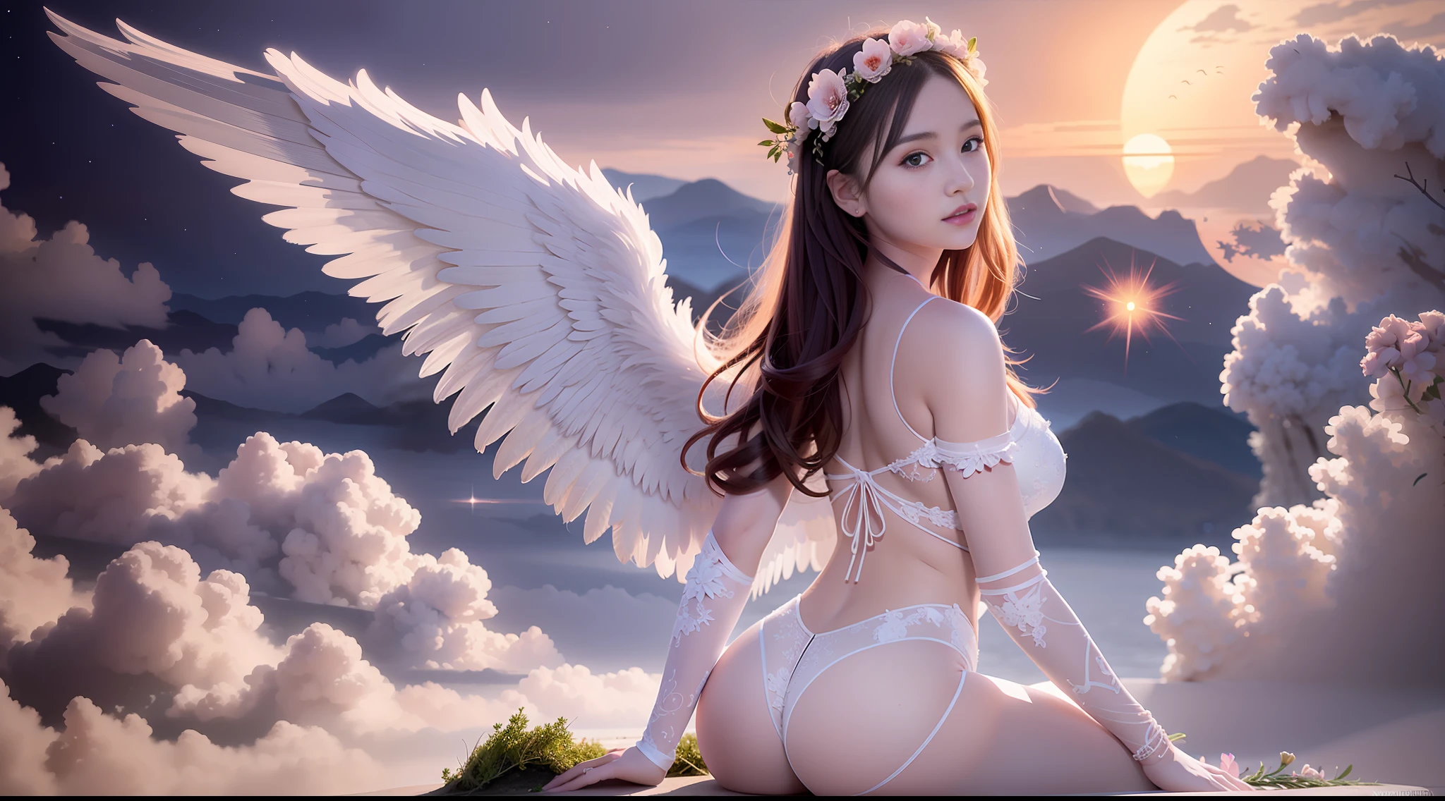 araffe angel with wings and a flower crown on her head, concept art by Yang J, tumblr, fantasy art, of beautiful angel, full - body majestic angel, super wide angel, beautiful angel, anime goddess, angelic wings on her back, of an beautiful angel girl, beautiful female angel, beautiful cyborg angel girl, young wan angel, beautiful alluring anime woman