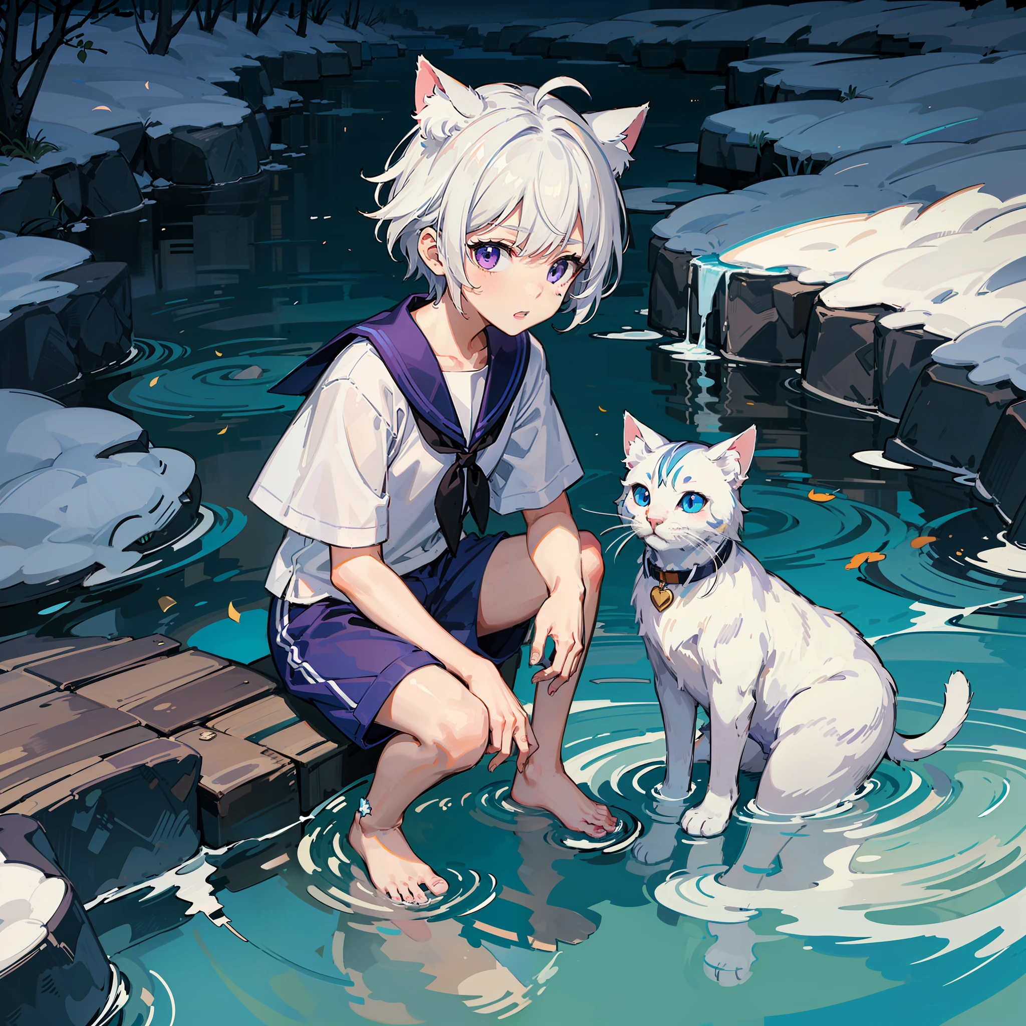 Little boy with short hair with white hair cat ears，Purple eyes，Blue and white striped sailor suit，Blue and white striped shorts，Barefoot，On the glacier