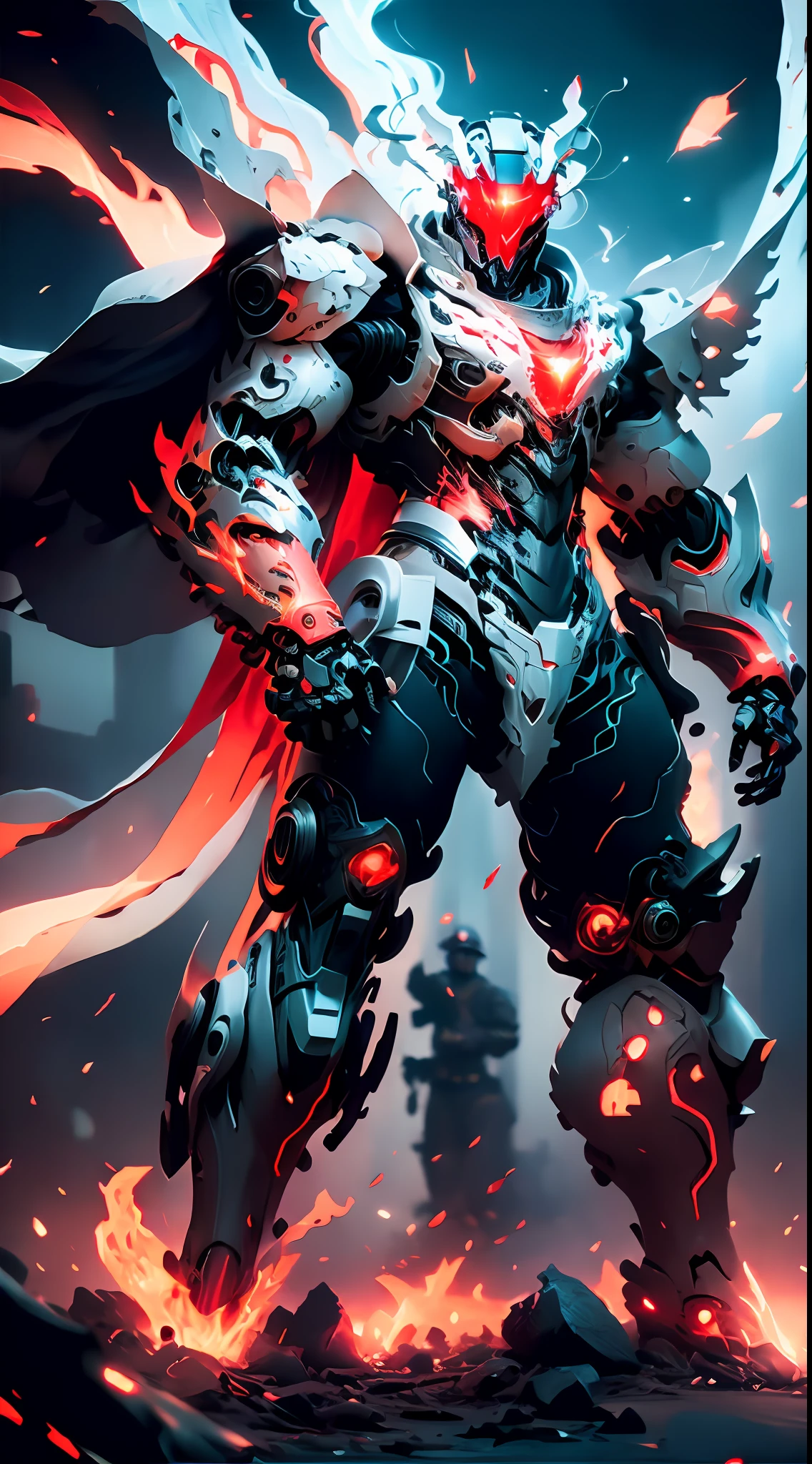 A mech, silver-white long ponytail and waist, V-shaped mechanical helmet, helmet eyes with red light, wearing a black sexy mech suit, white torn cape swaying in the wind, pull out a delicate red glowing sword: 1:1, standing in the flames with huge roaring mechanical heads and robotic arms in the background, lifelike, best picture quality, highest definition and clarity, original, surrealism, high detail, futurism, action painting, chiaroscuro, ray tracing, motion blur, cowboy lens, Battle pose drawing, layering, full body display, cyberpunk style, full body photo