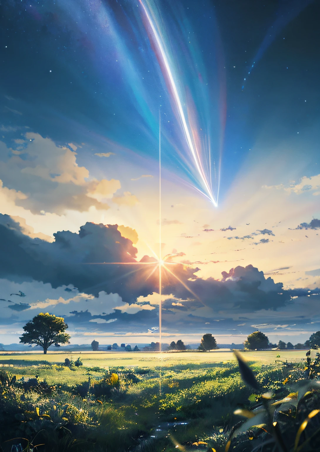 The vast sky, beautiful skyline, large grasslands, extremely tense and dramatic pictures, moving visual effects, high hanging Polaris, colorful natural glare.