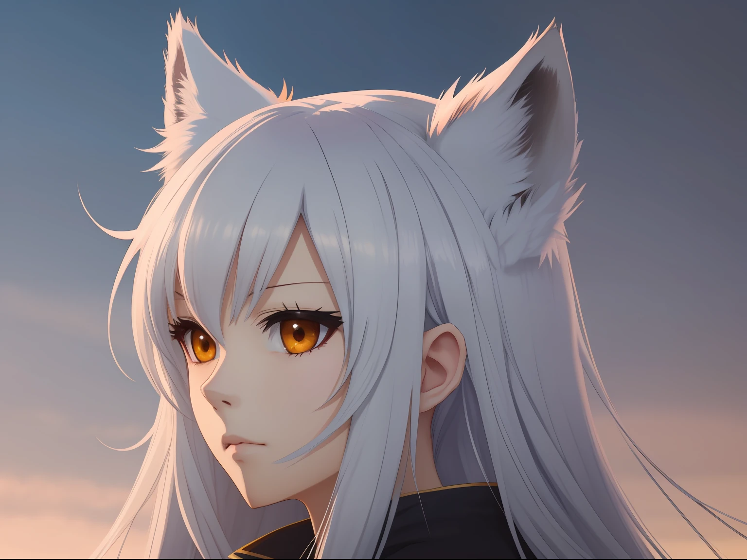 Head view, headshot, close, Wolf girl, black, profound resemblance, anime, anime-style, 4k, high quality