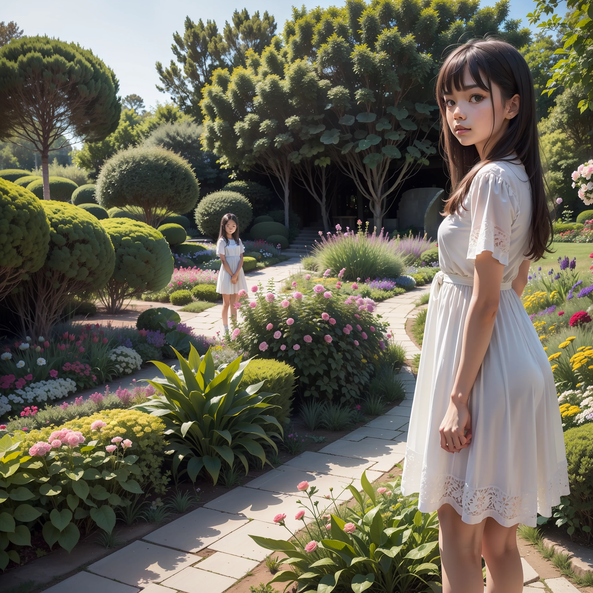 A young girl standing in front of a display of flowers and plants, standing in a botanical garden, ancient garden behind her,