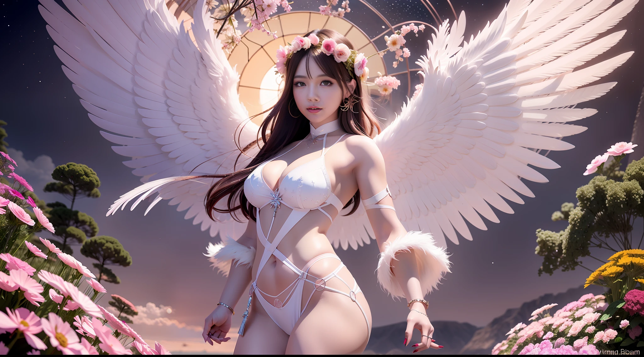 araffe angel with wings and a flower crown on her head, concept art by Yang J, tumblr, fantasy art, of beautiful angel, full - body majestic angel, super wide angel, beautiful angel, anime goddess, angelic wings on her back, of an beautiful angel girl, beautiful female angel, beautiful cyborg angel girl, young wan angel, beautiful alluring anime woman