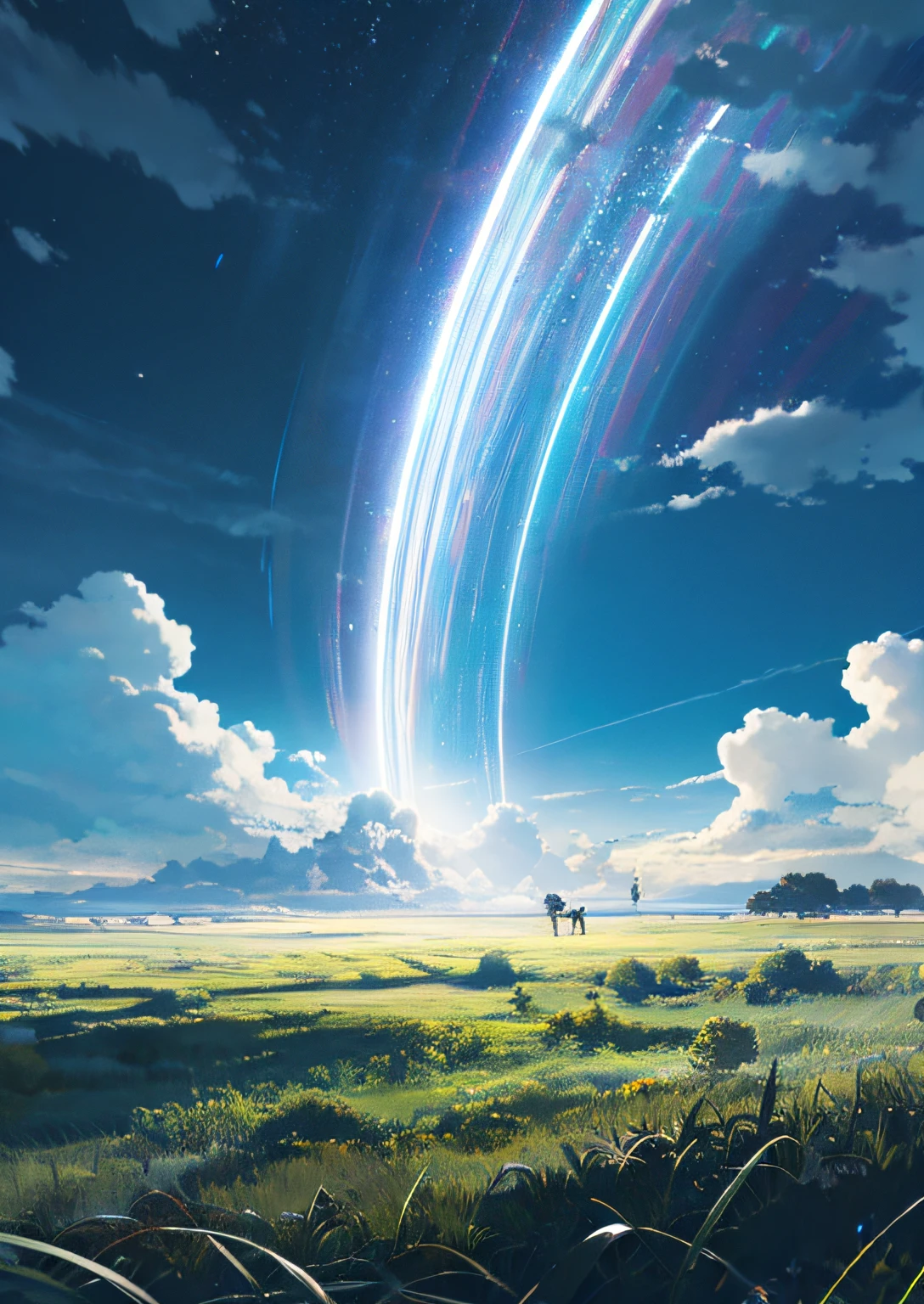 The vast sky, beautiful skyline, large grasslands, extremely tense and dramatic pictures, moving visual effects, high hanging Polaris, colorful natural glare.