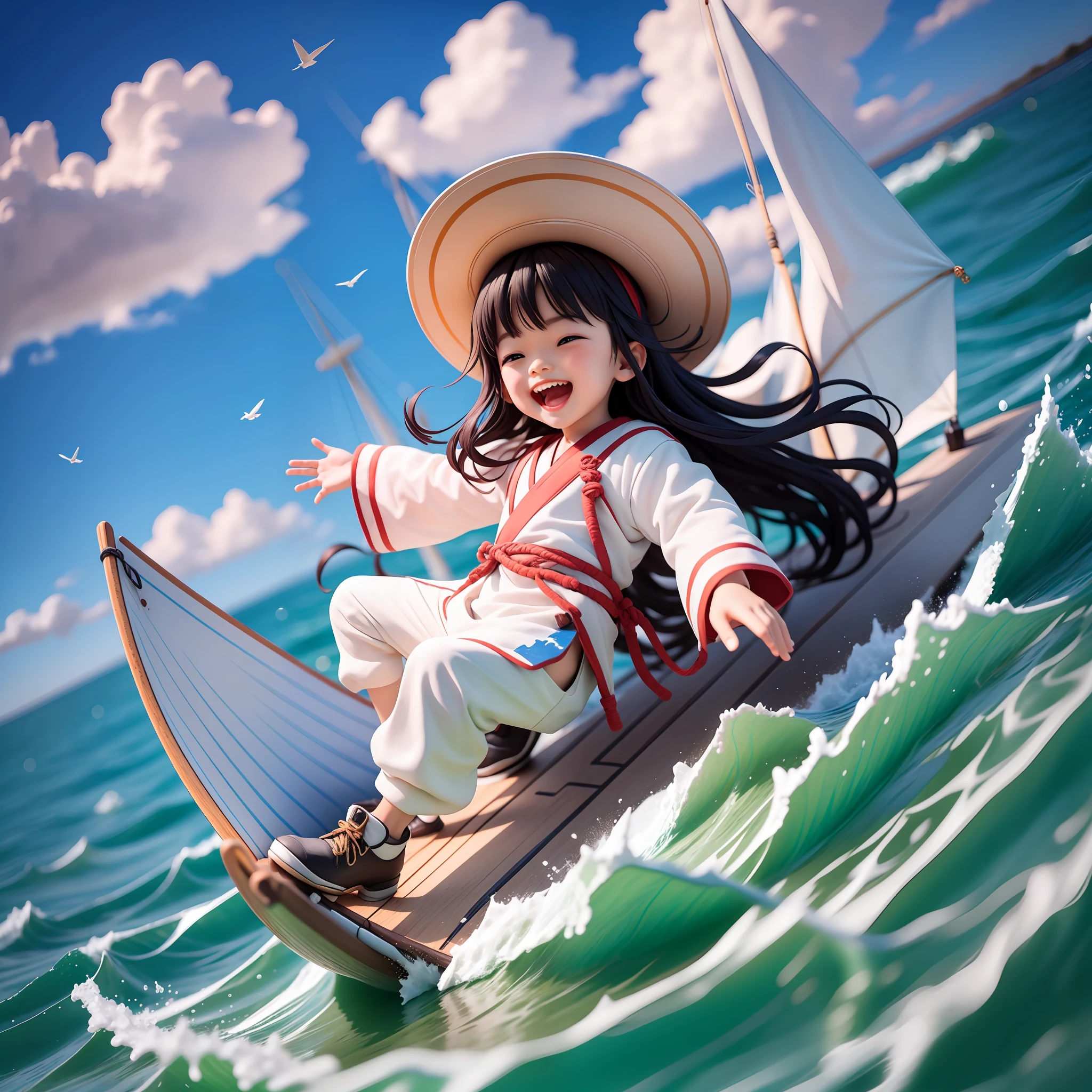 1boy：1.3，A four-year-old boy surfing on a sailboat at sea，sailing ship：1.3，Blue sea：1.3，black  long hair，White clothes fluttering，Hanfu，Open your mouth and laugh，Full body，Chibi T-Shi