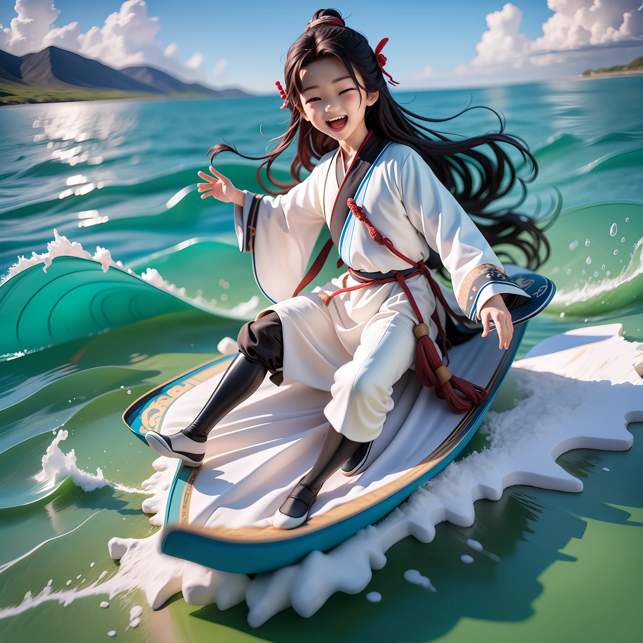 1boy：1.3，A four-year-old boy surfing on a sailboat at sea，sailing ship：1.3，Blue sea：1.3，black  long hair，White clothes fluttering，Hanfu，Open your mouth and laugh，Full body，Chibi T-Shi