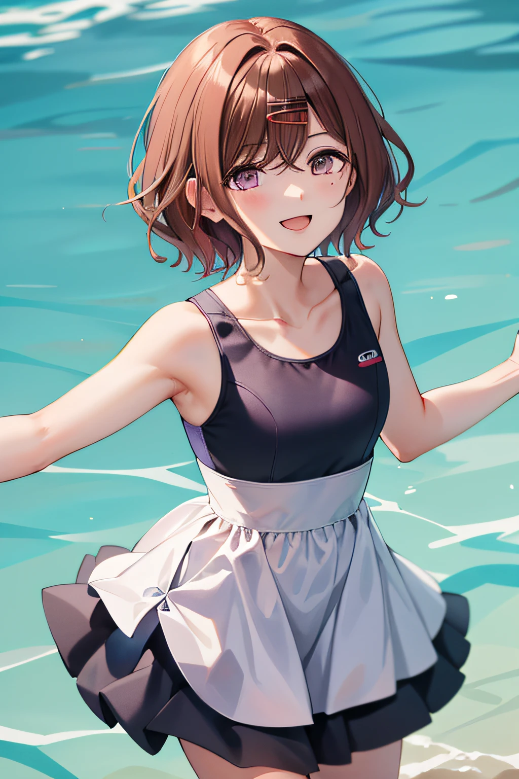 beste Quality, Hi-Res, 1girl, higuchi madoka, Brown hair, mole under the eye, hairornaments, hair clips, short-hair, bangs, violet colored eyes, cowboy-shots, idol, Idle Dresses, thights, Sorrisos, swim suit、Watching from above、Tennis Wear