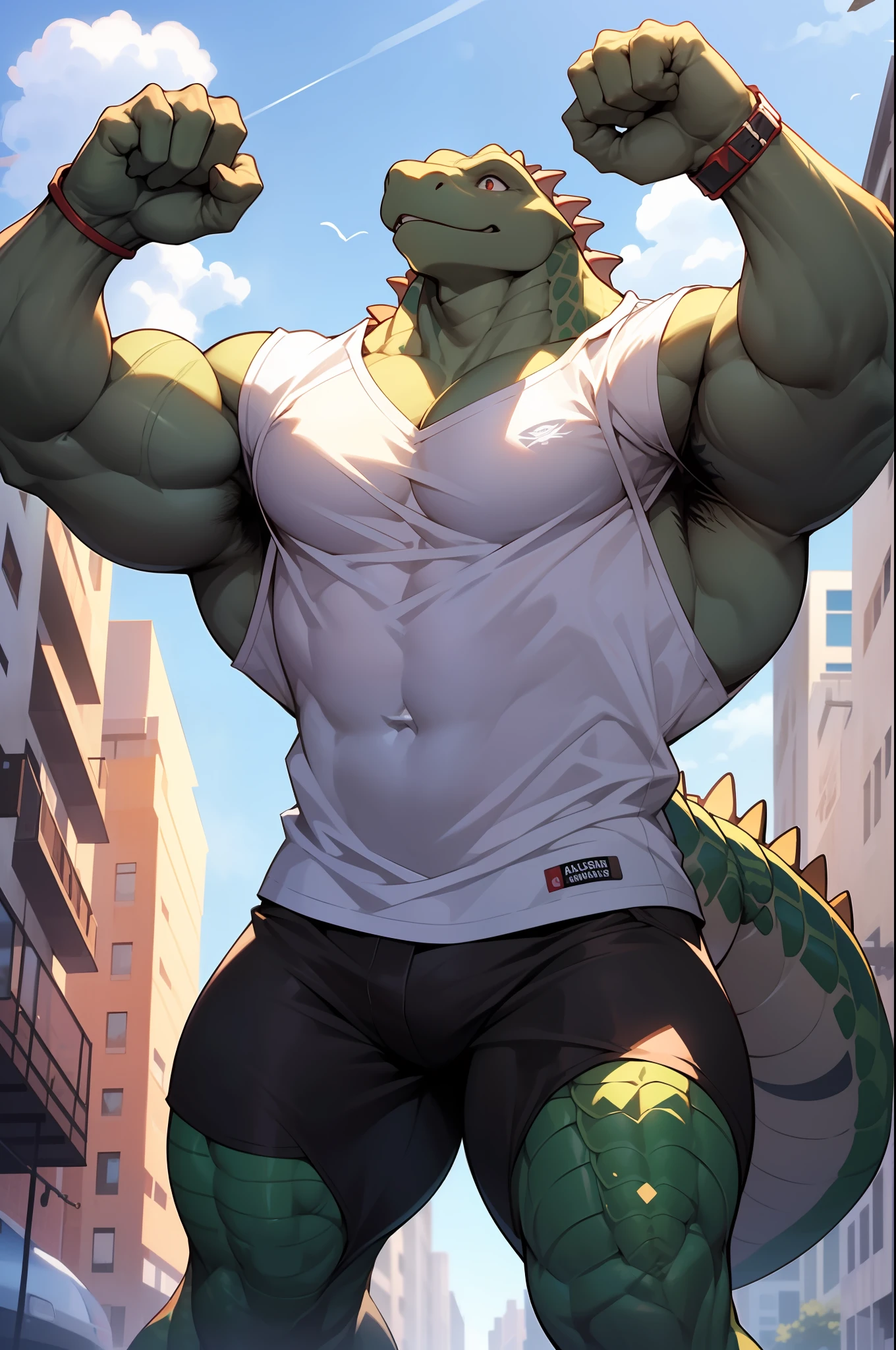 "((1 huge muscular lizard-man:1.2) wearing white t shirt in the cityscape, huge arm, huge chest, (1man)), scar face, scary face