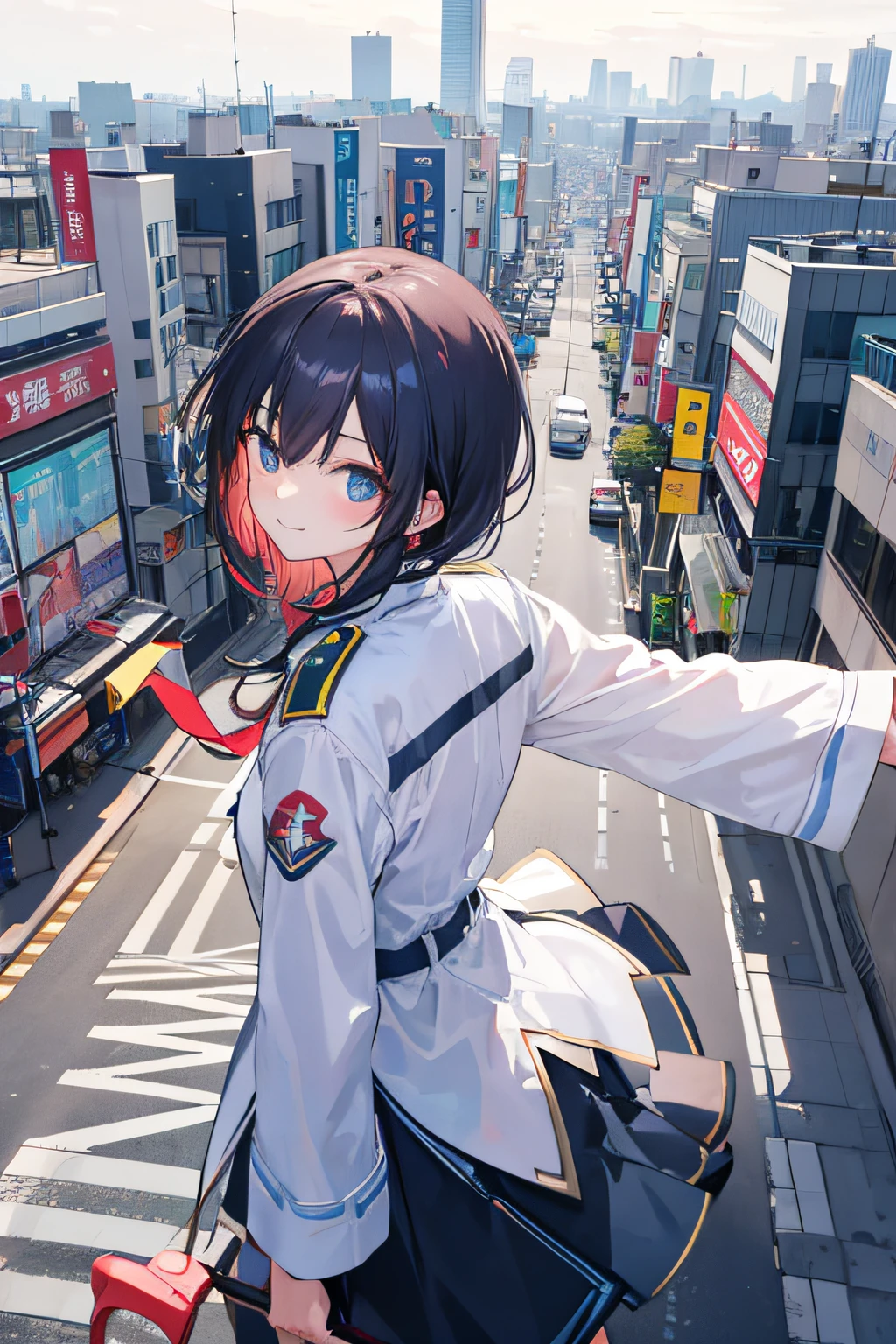Anime-style girl,Scramble crossing in Tokyo,There is no one but one girl,Morning dim time,She turned around and smiled.、Arms are stretched.,She is beautifully dressed in uniform,She is a cute young student,View Tokyo's scramble crossing and Tokyo 109 from a little above,There is no one but her,She is facing backwards and only her head is turned,View from above