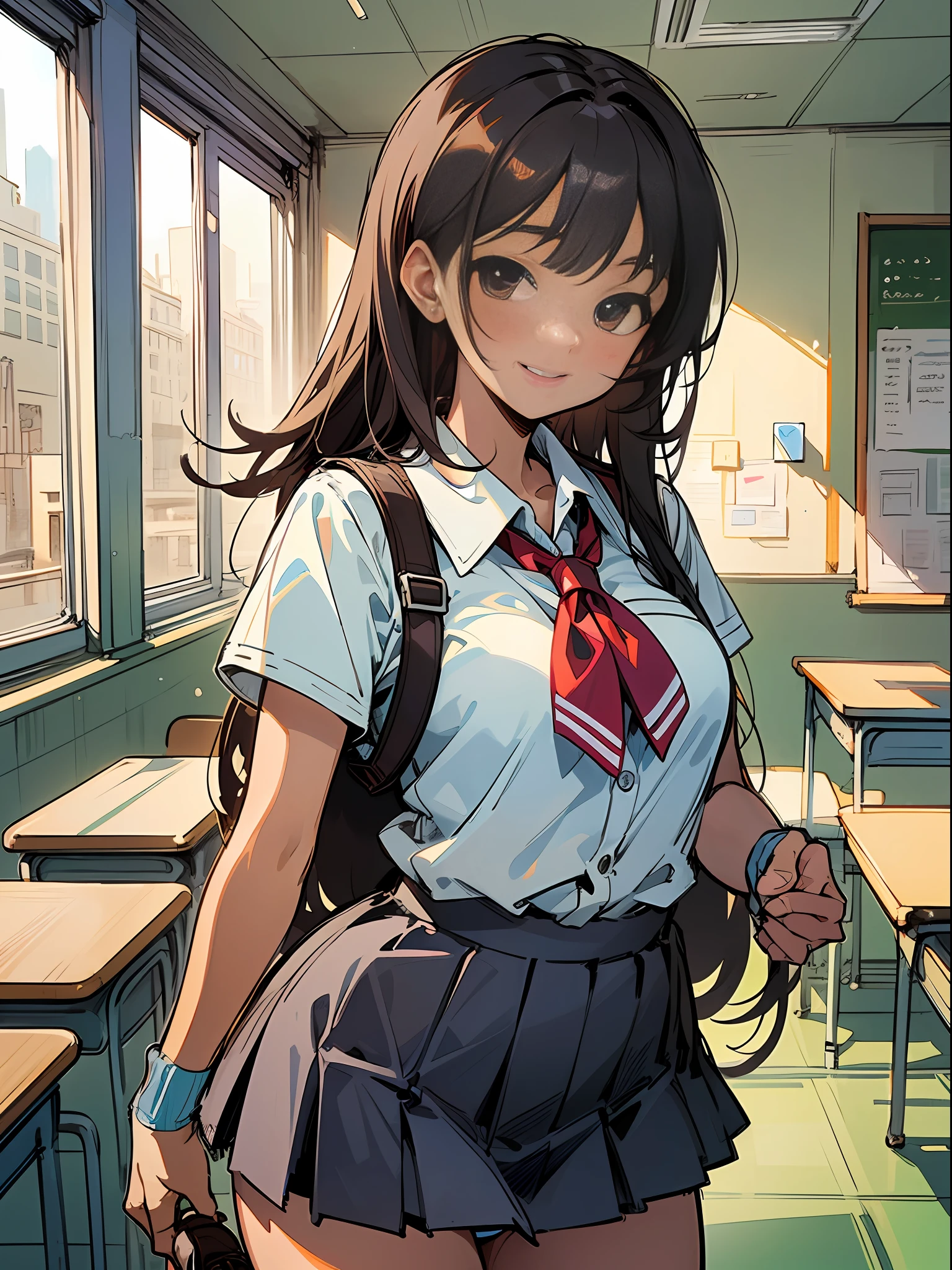 Masterpiece,hyper quality, hyper detailed,Perfect drawing,Solo, High 、Student uniforms、miniskirts:(0.7)、Turn around、(Panties in full view)、suntan skin:(1.5)、pretty smile、((Buggy socks))、Brown skin、loafers、School route、beautifulbackground、Detailed drawing、Accurate drawing。