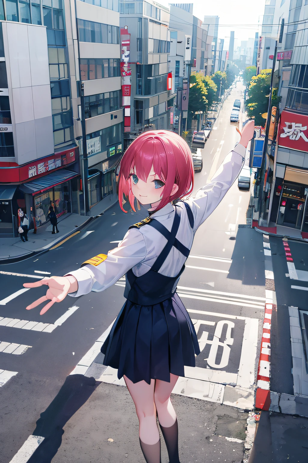 Anime-style girl,Scramble crossing in Tokyo,There is no one but one girl,Morning dim time,She turned around and smiled.、Arms are stretched.,She is beautifully dressed in uniform,She is a cute young student,View Tokyo's scramble crossing and Tokyo 109 from a little above,There is no one but her,She is facing backwards and only her head is turned,View from above