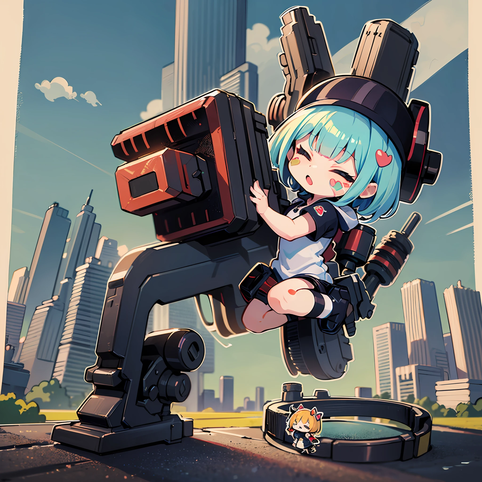((sticker:1.5)))、((Chibi Chara))、(((Super giant gun)))、Fluffy、1girls、cyber punk、Giant guns、Blow up the city、Strongest、Chibi Chara、ful body、pastel-colored hair、Fairy tale、Fantastical、Masterpiece、best qualiy、high picture quality