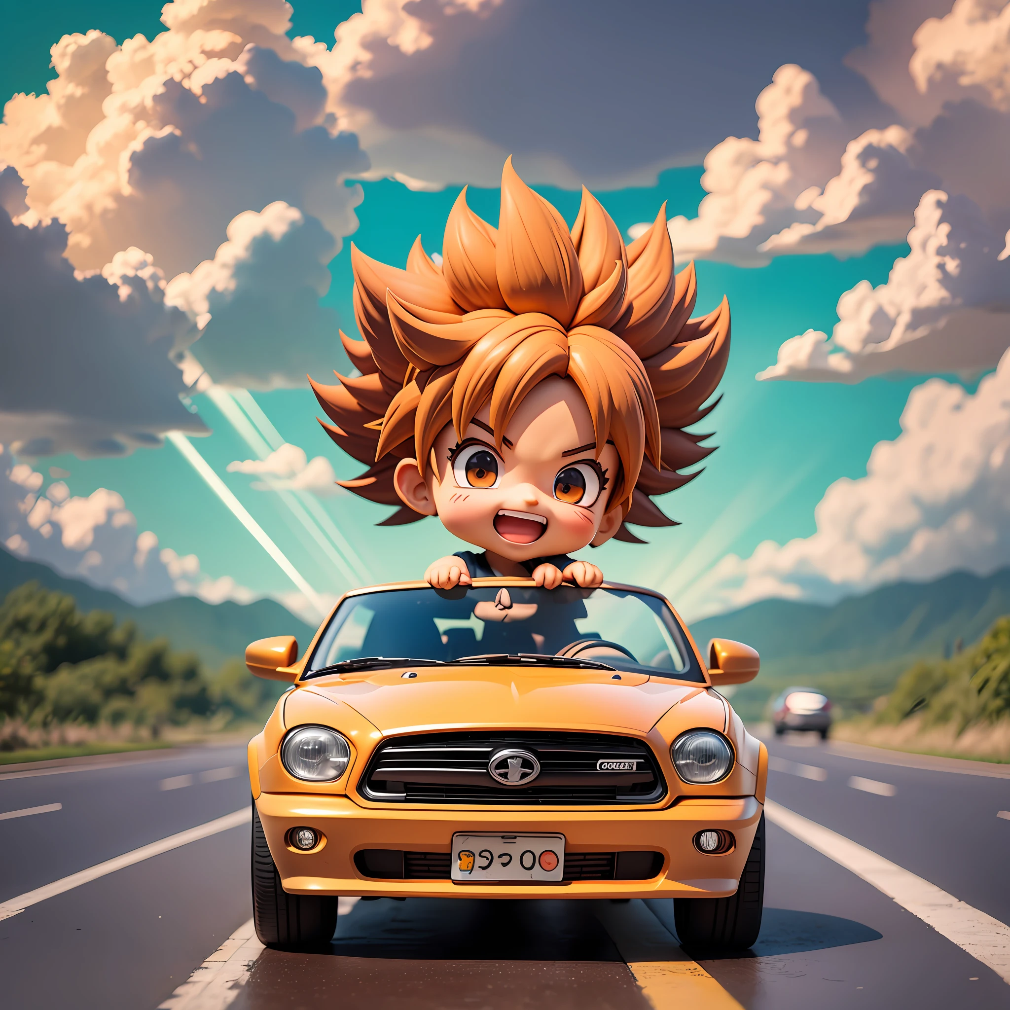 rains，Clouds，sunrays，highway，Little boy driving a car，son goku，SuperSaiyan，big laughter，Spiked hairstyle，Flowers，yama，kali，The bird，full full body，Rich colors，chibi