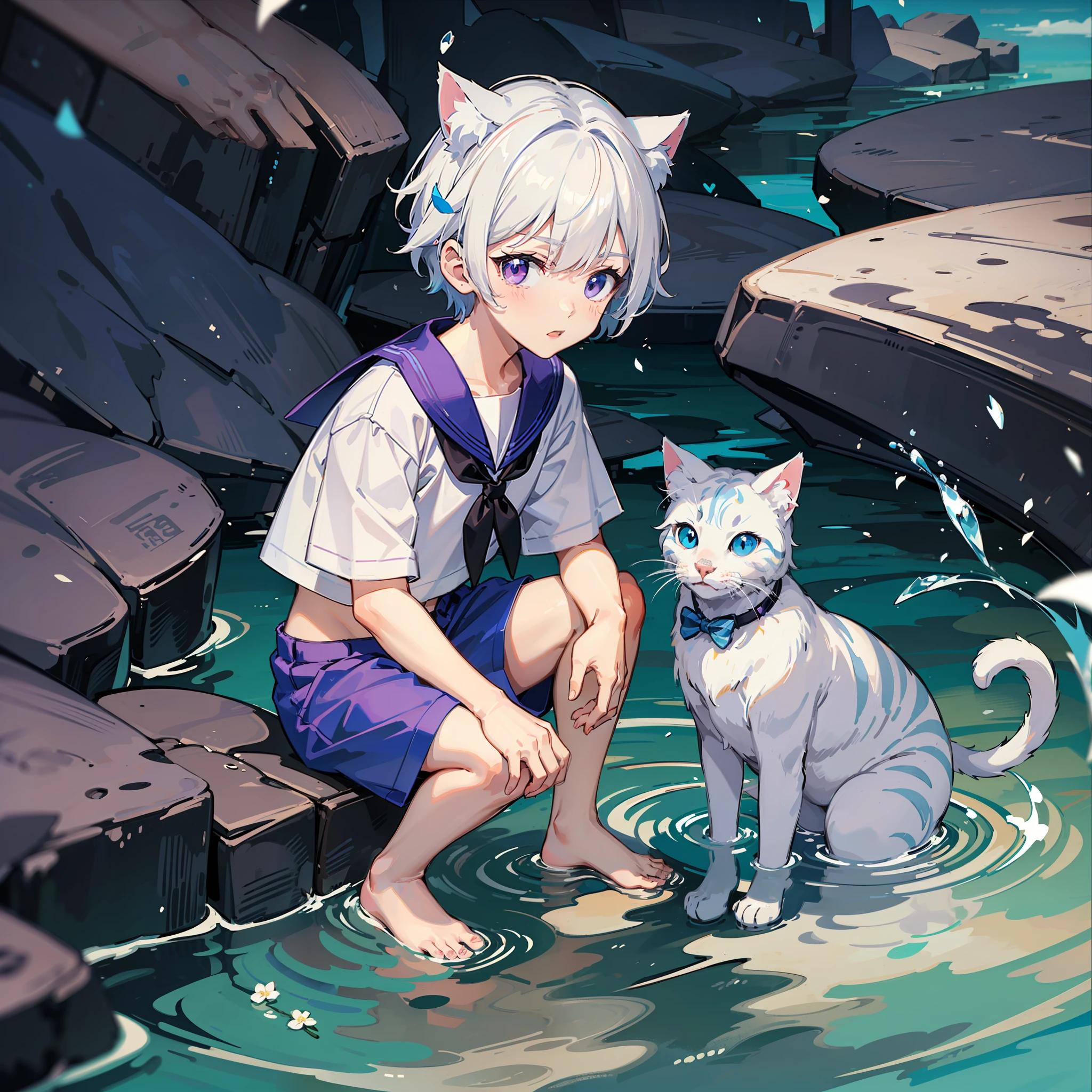 Little boy with short hair with white hair cat ears,Purple eyes,Blue and white striped sailor suit,Blue and white striped shorts,Barefoot,On the glacier