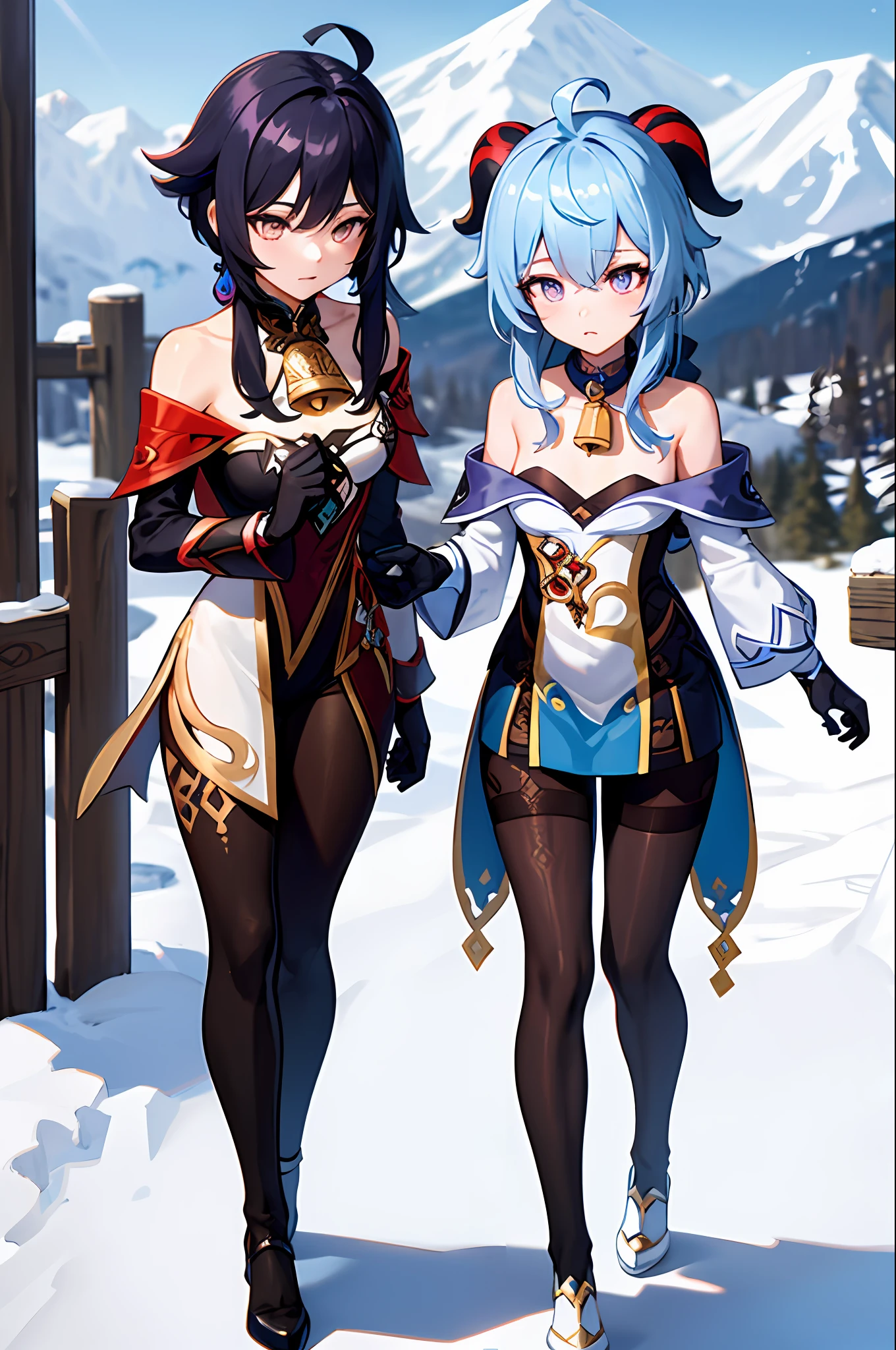 masterpiece, best quality, high resolution, 1girl, blue hair, long hair, extra long hair, ponytail, bangs, inter-eye hair, side hair, ahoge, goat horn, horn, purple eyes, bell, cowbell, neck bell, neck bell, collar, split collar, white collar, off-shoulder, pantyhose, black pantyhose, black pantyhose, bodystocking, long sleeve, pelvic curtain, split sleeve, white ankle sleeve, long sleeve, gold trim, medium chest, gloves, black gloves, ribbon, leg ribbon, leg band,, white footwear, vision ( genshin impact), ganyu\ (genshin impact\), outdoor, snow, mountain, standing, expressionless,