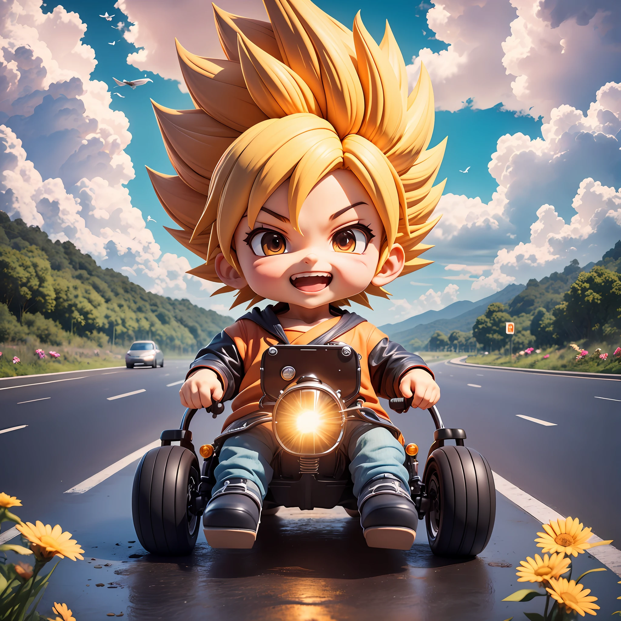 rains，Clouds，sunrays，highway， boy driving a car，son goku，SuperSaiyan，big laughter，Spiked hairstyle，Flowers，yama，kali，The bird，full full body，Rich colors，chibi