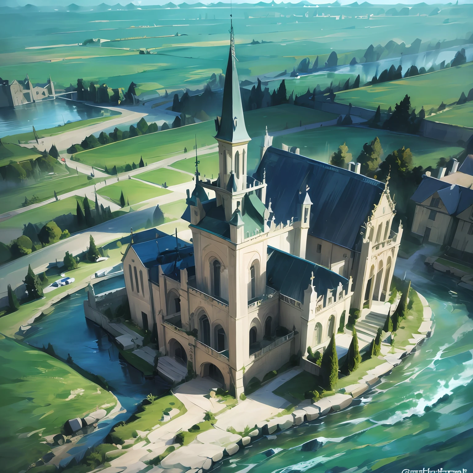 arafed view of a cathedral with a clock tower and a river, Germany. a wide shot, by Werner Gutzeit, by Jakob Gauermann, shot from drone, by Emanuel Büchel, Seen from above, 4k drone photography, majestic spires, drone photography, drone view of a city, View from above, shot from drone, Shot from above