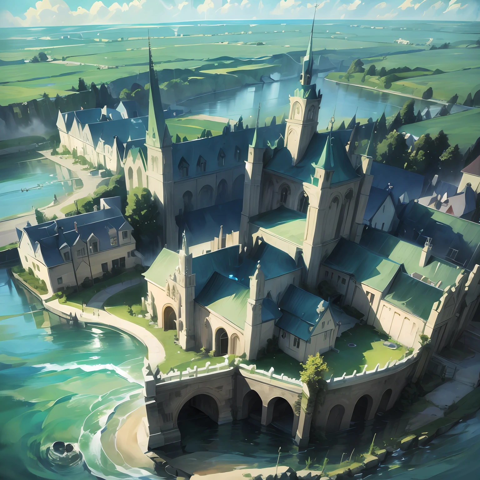 arafed view of a cathedral with a clock tower and a river, Germany. a wide shot, by Werner Gutzeit, by Jakob Gauermann, shot from drone, by Emanuel Büchel, Seen from above, 4k drone photography, majestic spires, drone photography, drone view of a city, View from above, shot from drone, Shot from above