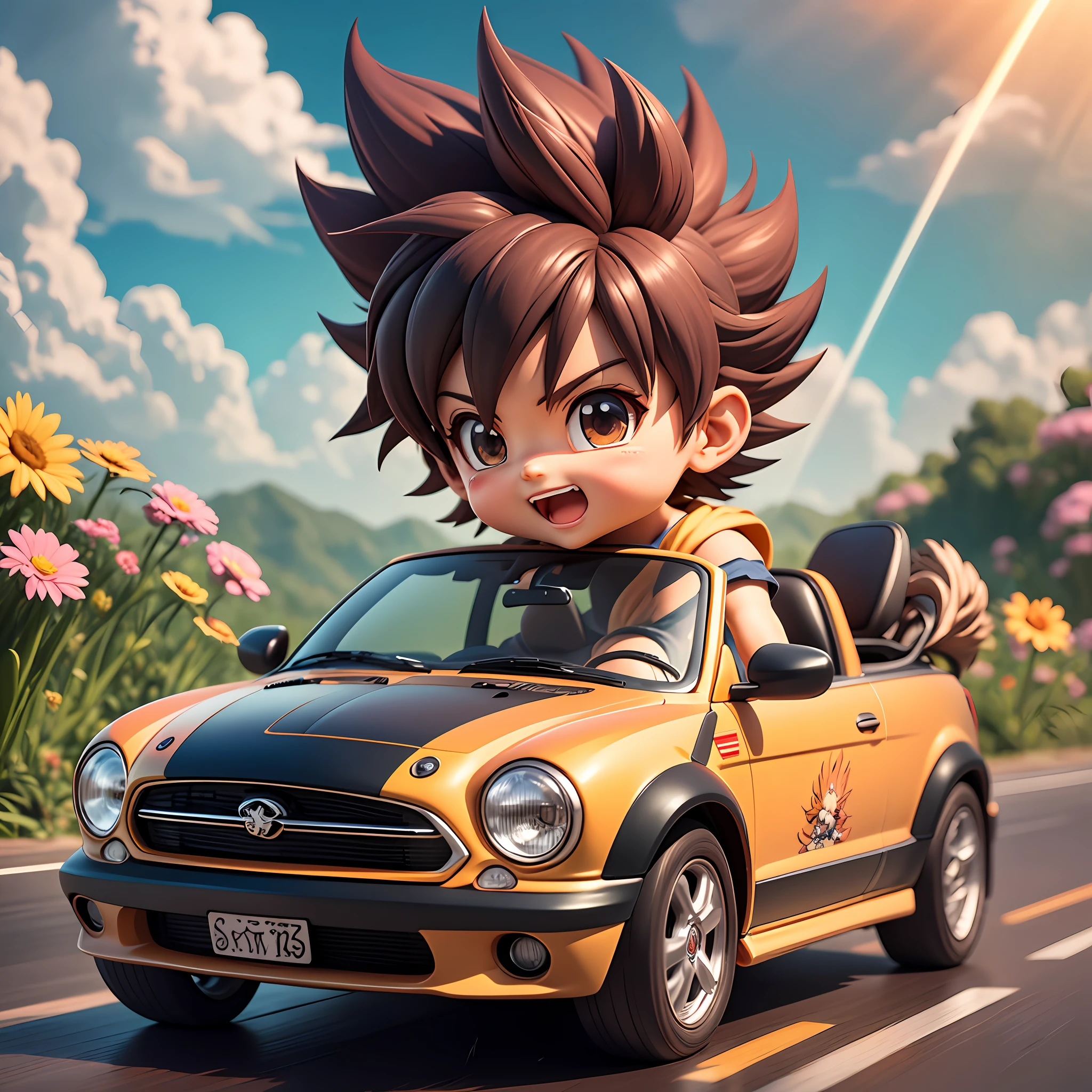 rains，Clouds，sunrays，highway， boy driving a convertible，son goku，SuperSaiyan，big laughter，Spiked hairstyle，Flowers，yama，kali，The bird，Rich colors，The Masterpiece，chibi，full body