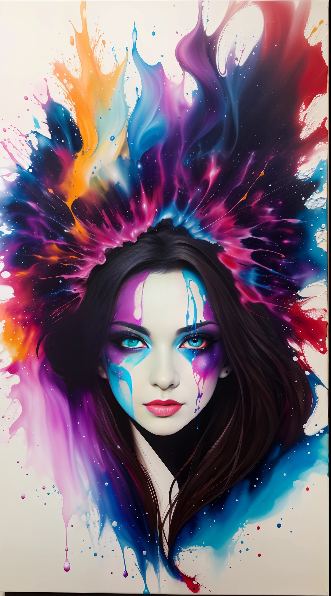 a mixed media abstract artwork of a strange woman with striking eyes and long hair, highly detailed eyes,medium breast,(fine art), (splashes and splatters of paint in nebula colors on the canvas 1.2),[thick, wet,shiny dripping paint], ink, pencil shading, award winning, (perfect composition),(nebula:0.5),(galaxy:0.5)