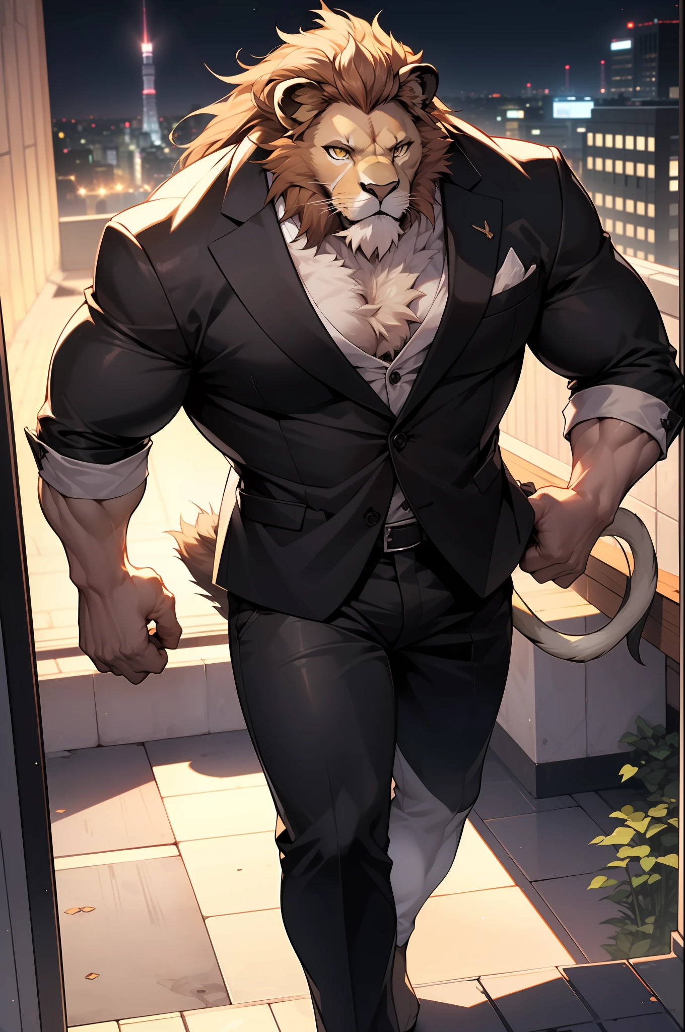 "((1 huge muscular lion-man:1.2) wearing suits and smoking in the rooftop , huge arm, huge chest, (1man)), dark night, tokyo night, low light