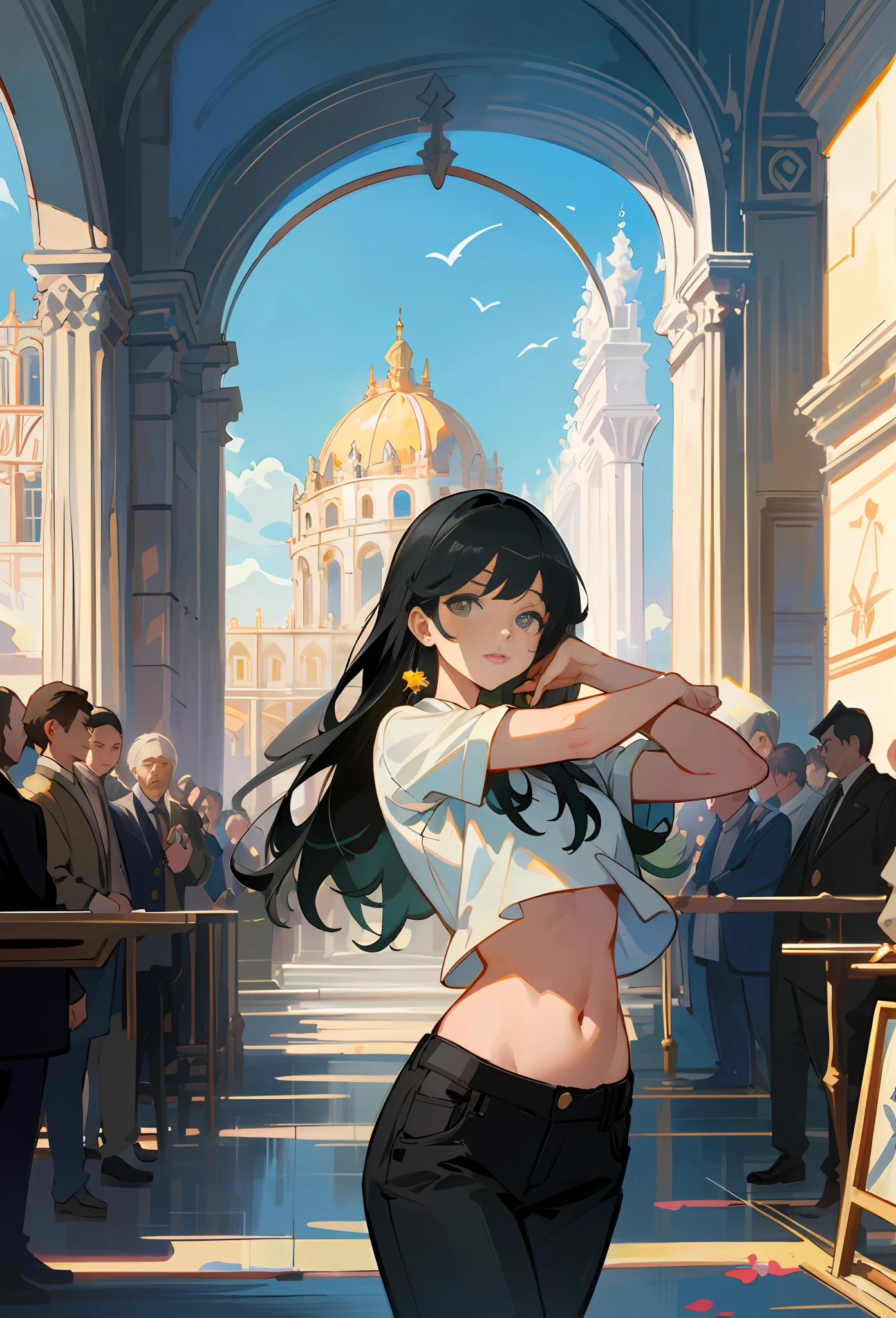 Model shooting style, (extremely detailed CG Unity 8k wallpaper), full-shot body photo of the most beautiful artwork in the world, stunning beautiful photo realistic available, super realistic super detailed photo, a beautiful girl as a female dancer,[slight smile],(Chateau de Versailles, Pisa Baptistery Of St. John background, Flowers,navel,crowd),(princess eyes, shining pupils),detailed symmetrical beautiful hazel eyes, detailed gorgeous face, highly detailed, Vibrant, professional majestic oil painting by Ed Blinkey, Atey Ghailan, Studio Ghibli, Jeremy Mann, Greg Manchess, Antonio Moro, ArtStation Trends, CGSociety Trends, Complex, High Detail, Sharp Focus, Dramatic, Realistic Painting Art, by Midjourney and Greg Written by Rutkowski