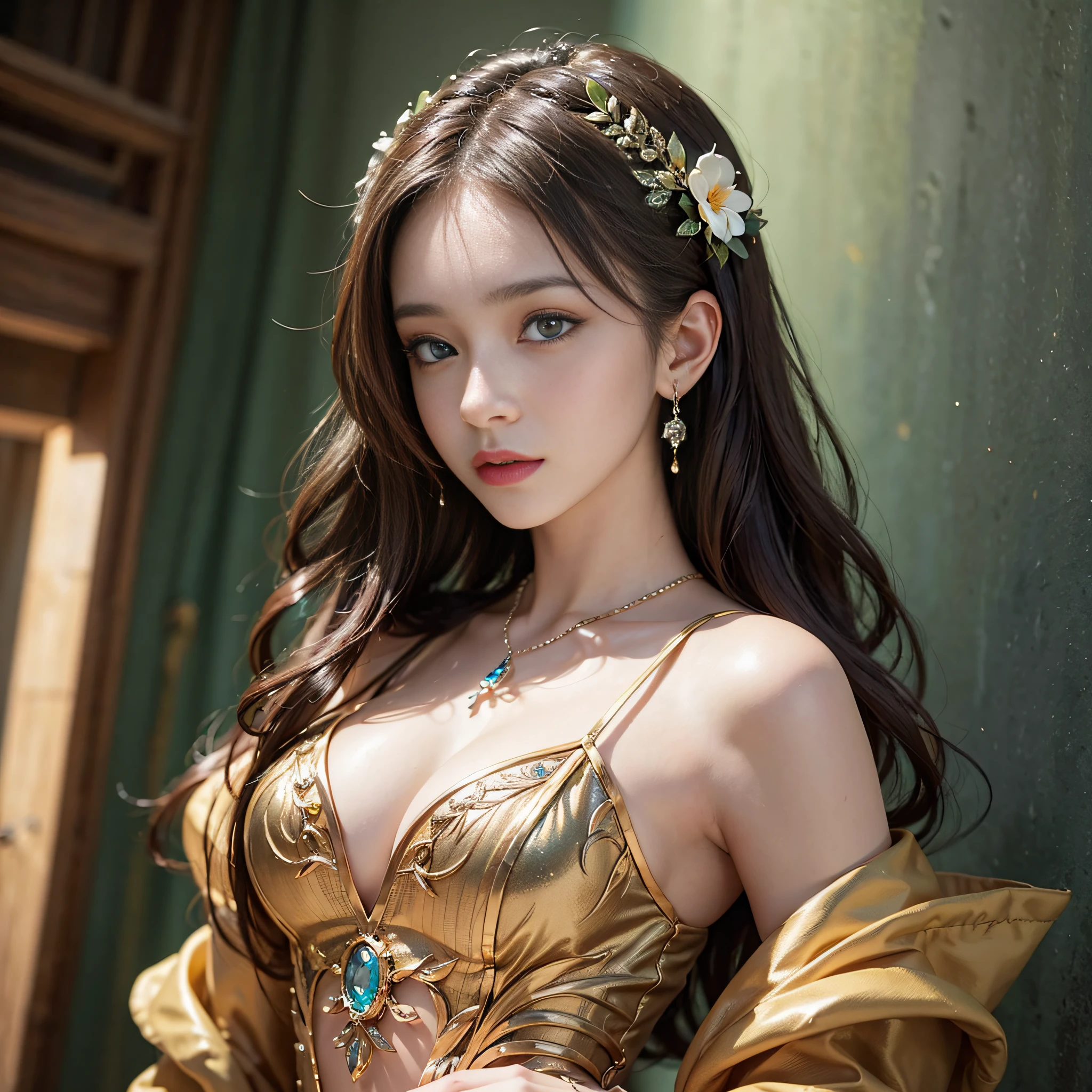 (A masterpie)、(beste Quality)、(Realistic)、Charming daughter、Portrait of a beautiful girl、1girls、Transparent eyes、beautifuldetailedeyes、Glitter eyes、Glowing eyes、flawless face、Beautiful nose、Beautiful mouth、Pretty lips、fine-grained skin、portrait shooting、Professional artwork、in 8K、photorealestic、Long dress、Elegant face、flawless anatomy、Perfect Female Body:1.4、Ultra-realistic painting:1.4、Ultra-precision painting:1.4、tback:1.4、corporate headquarters、Raw photography、neckless、ear ring、goddesses、Fantastical、