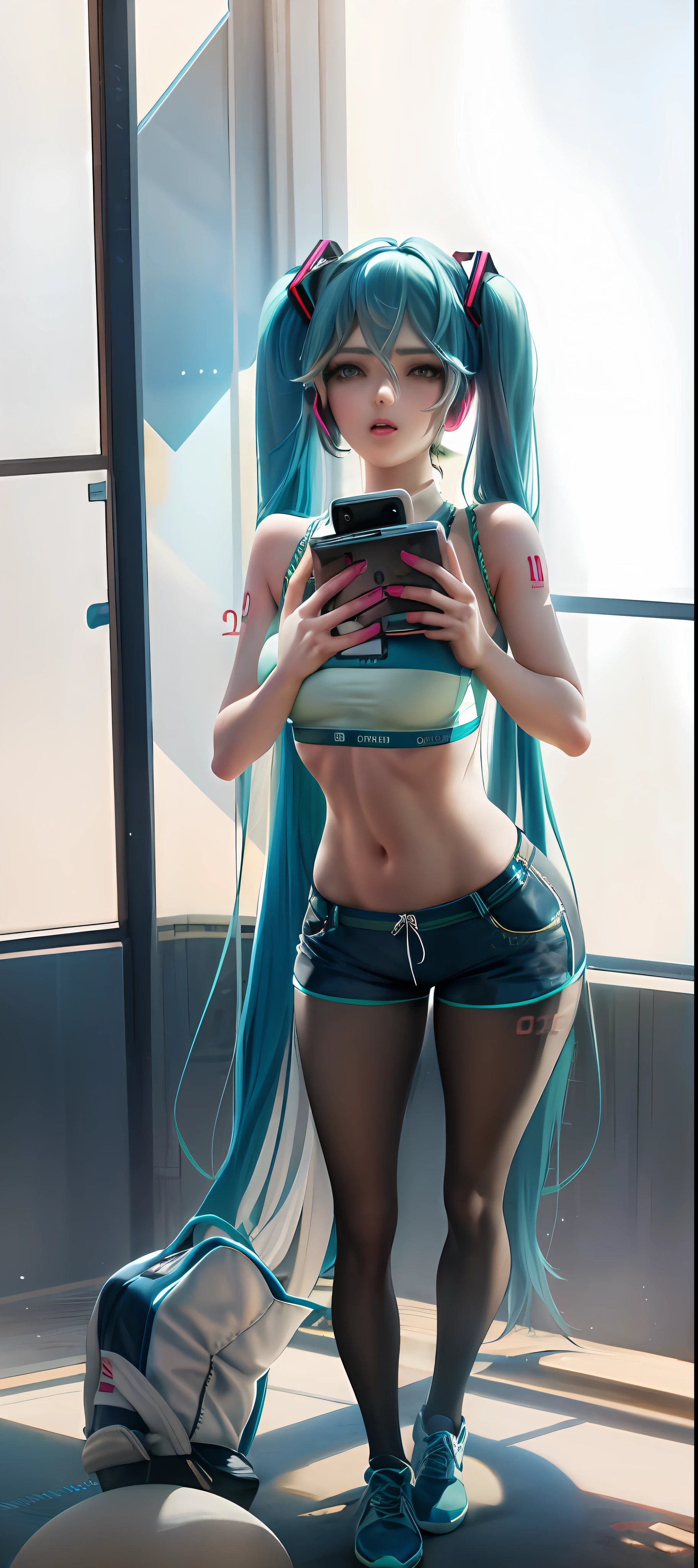 Hatsune Miku, extremely detailed face, sports bra, shorts, pantyhose, full-body, close-up