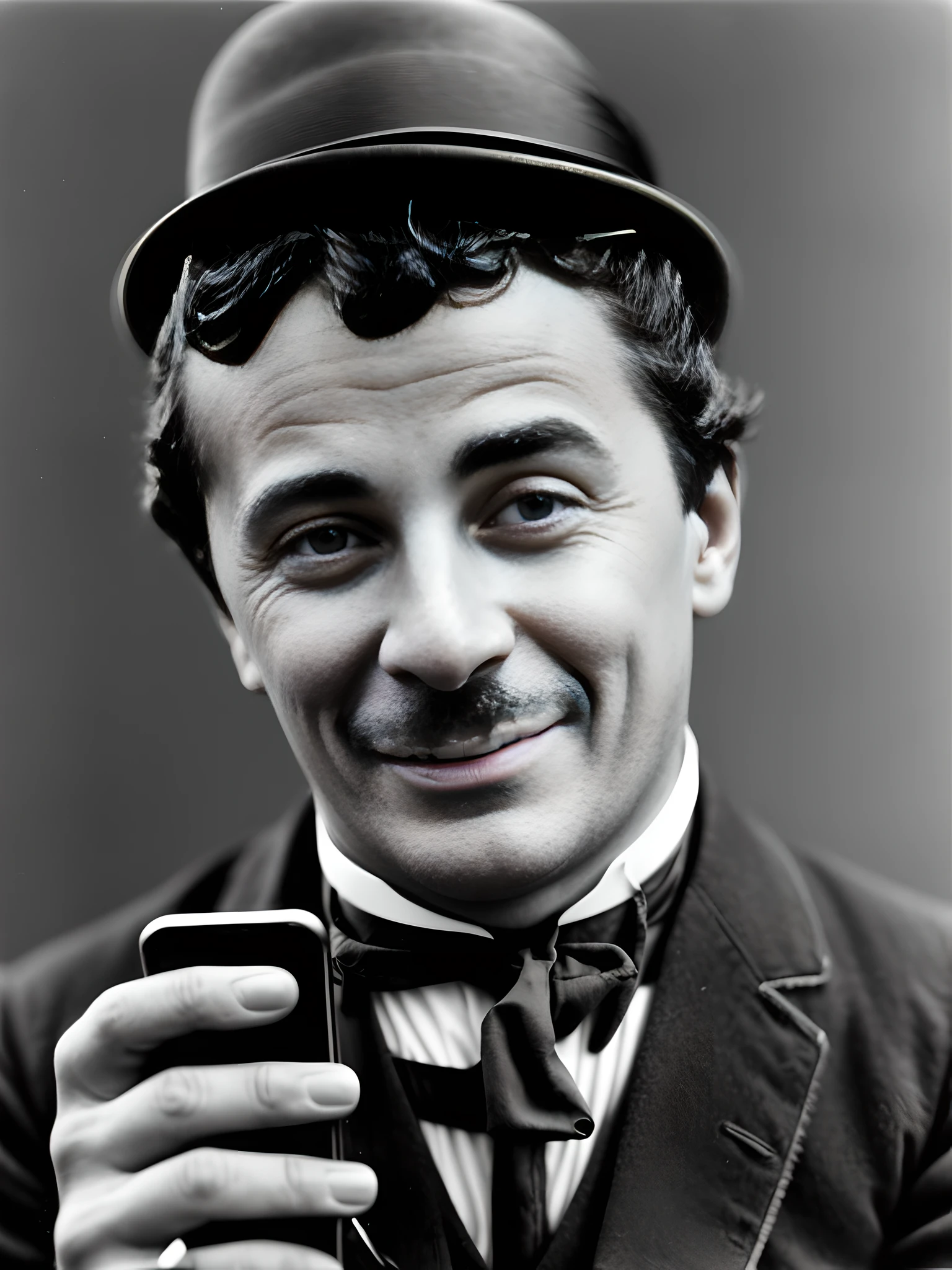 Retro, old black and white photo, scratches and scuffs in the photo, Young Charlie Chaplin in the film talking on a smartphone, real old photo, Photorealistic, Photo with scratches and scuffs, photo archive, Talking on a smartphone, young Charlie Chaplin in the film, accurate and authentic facial details
