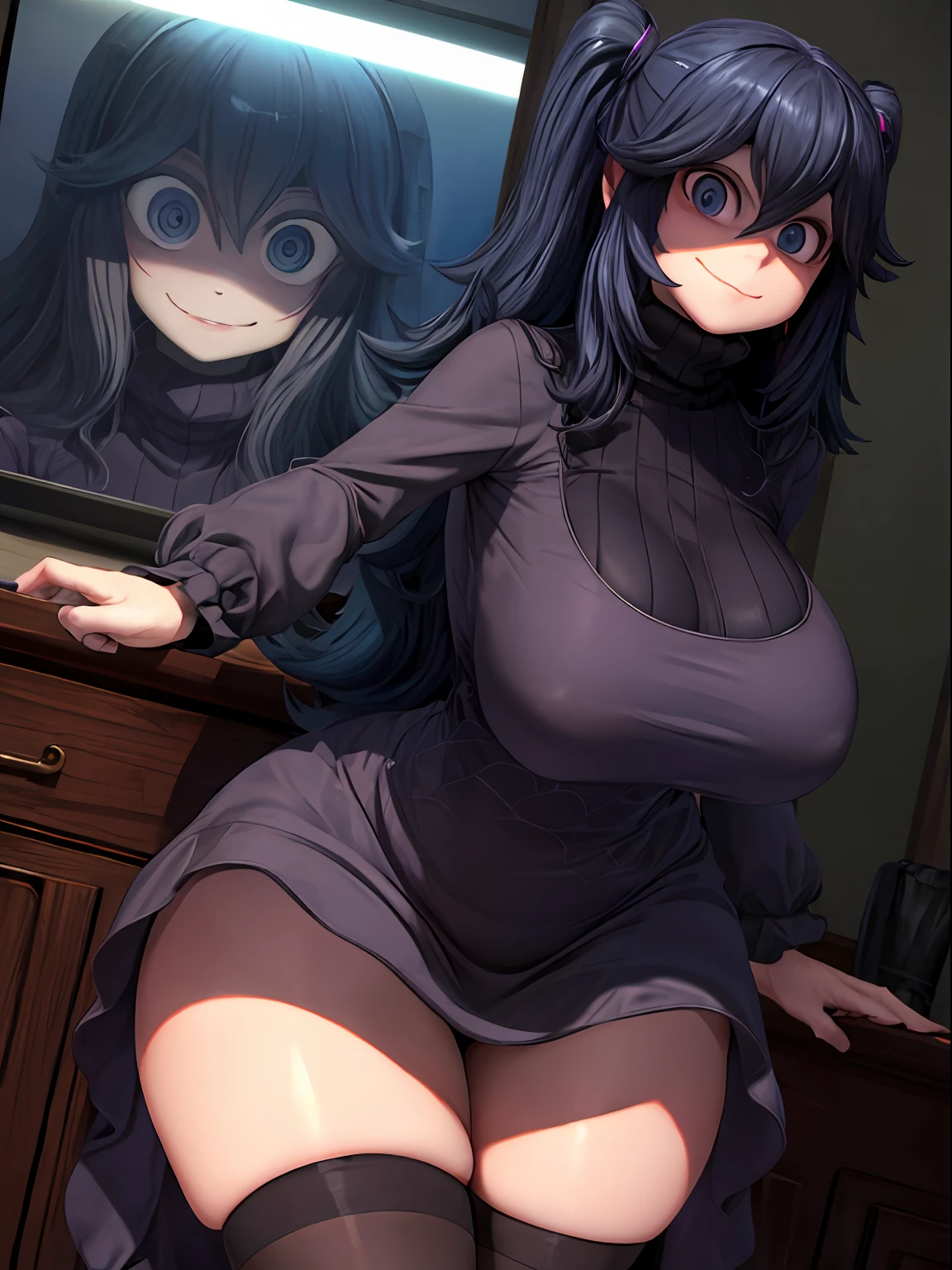 ((masterpiece:1.2)), best quality, ((extreme detail)), (official art), (ultra-detailed), anime screencap, extremely, detailed, (CG), 3d, unity model, 8k, wallpaper, hex maniac, hex maniac(pokemon), 1girl, solo, hotel, bed, smile, (full body view), (huge breasts), wide hips, (long sleeved turtleneck sweater dress), purple clothes, taut dress, embarrassed, purple eyes, cowboy shot, crazy eyes, (shaded_face:1.3), anime, bursting breasts, wrinkles in clothes, thick thighs, (((low angle view))),