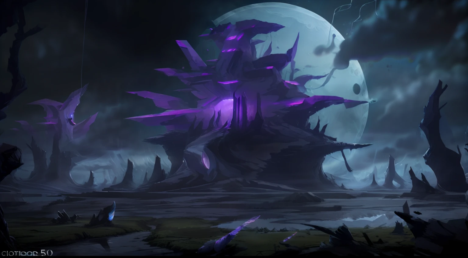 solo, super fine photo, picture Unreal Engine 5 8K UHD, fantasy world, floating undead castle on the ground hole, dark magic, half dark sky with purple thunder, best quality, masterpiece, official art, unified 8k wallpaper, super detailed