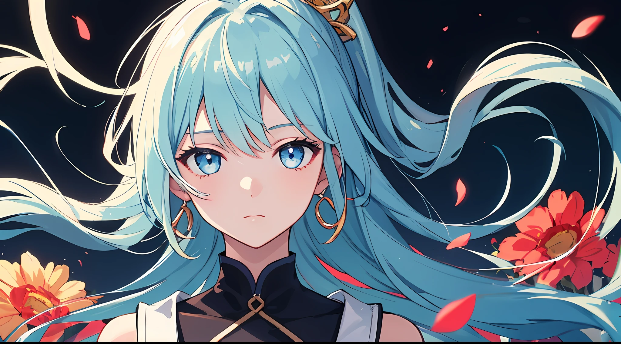 (masterpiece), (best quality), (ultra detailed),(disheveled hair),(illustration), (1girl), (Fashionable clothing), standing, Fashion model, looking at viewer, (interview), (simple background),beautiful detailed eyes, delicate beautiful face, Floating,(high saturation),(colorful splashes),colorful bubble,(shining), focus on face, ponytail, kamisato ayaka, light blue hair, bangs, hair ring, floating flowers, floating hairs, (shining), best lighting, best shadow,
