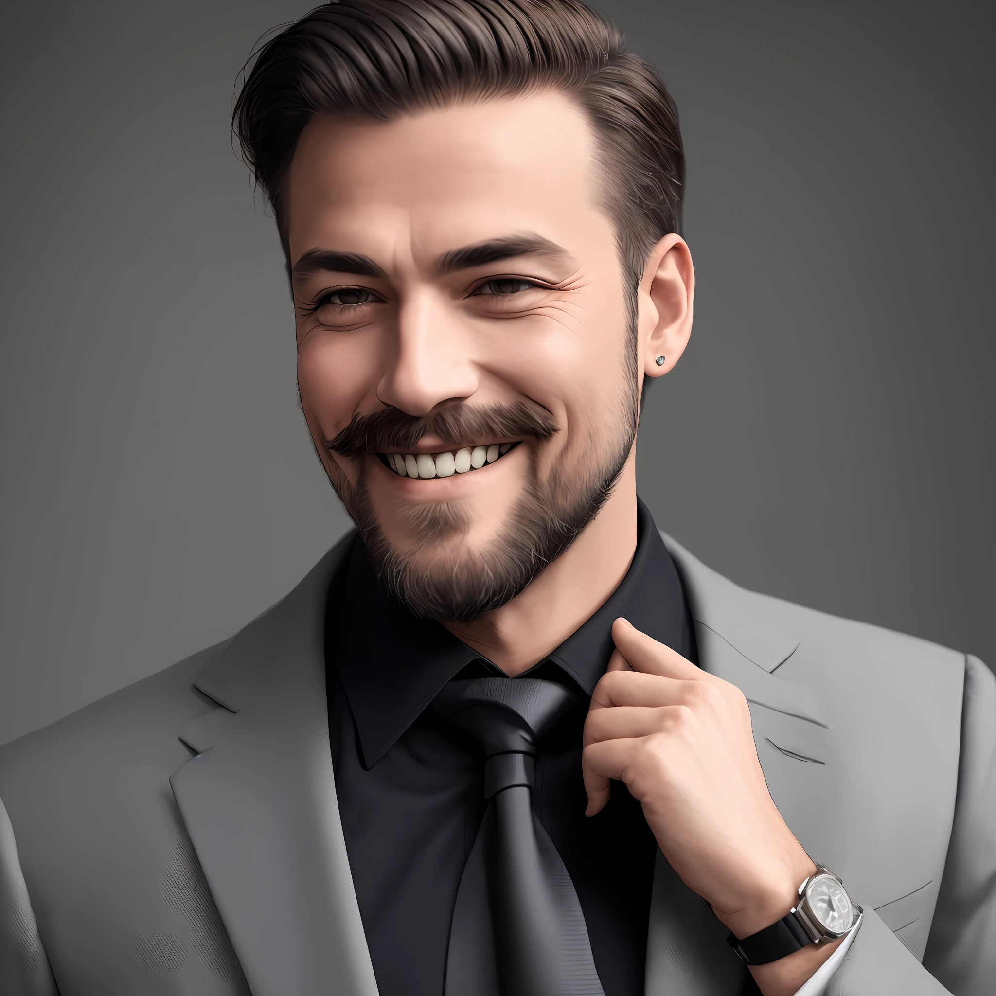 ((best quality)), ((masterpiece)), ((realistic)), (detailed), high quality, highres, absurdres, 1boy, beard, black_jacket, black_necktie, black_suit, collared_shirt, crossed_arms, facial_hair, formal, grey_background, long_sleeves, looking_at_viewer, male_focus, mustache, necktie, old, old_man, shirt, simple_background, smile, solo, suit, teeth, upper_body, wing_collar