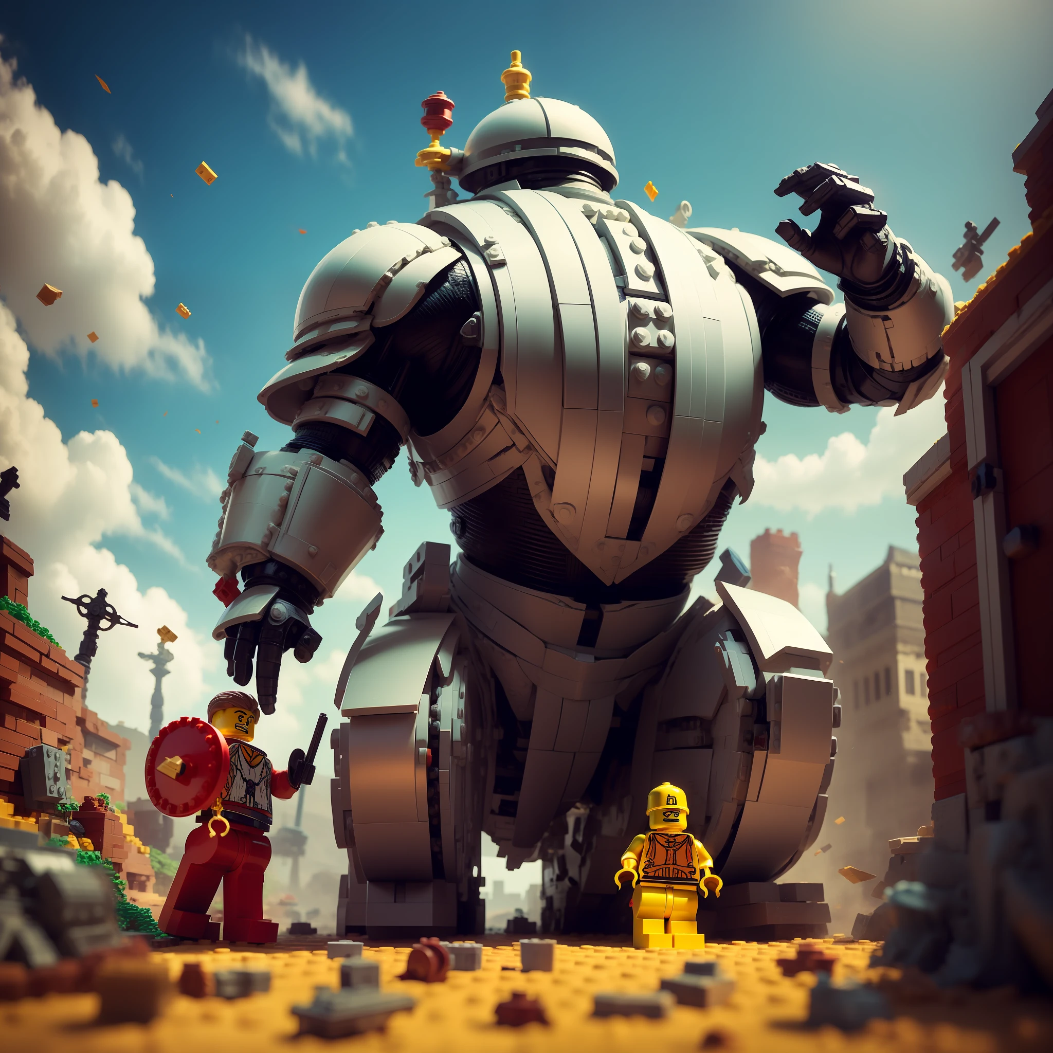 a massive knight holding a shield mad out of lego, epic, detailed, bricks, lego