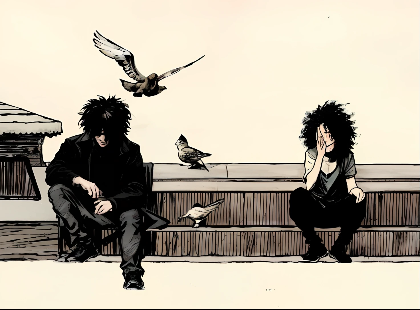 There are two people sitting on a bench with birds flying around, the sandman from the graphic novel, an epic portrait of the sandman, from the Netflix series Sandman, Sandman comics, Surreal Neil Gaiman's Sandman