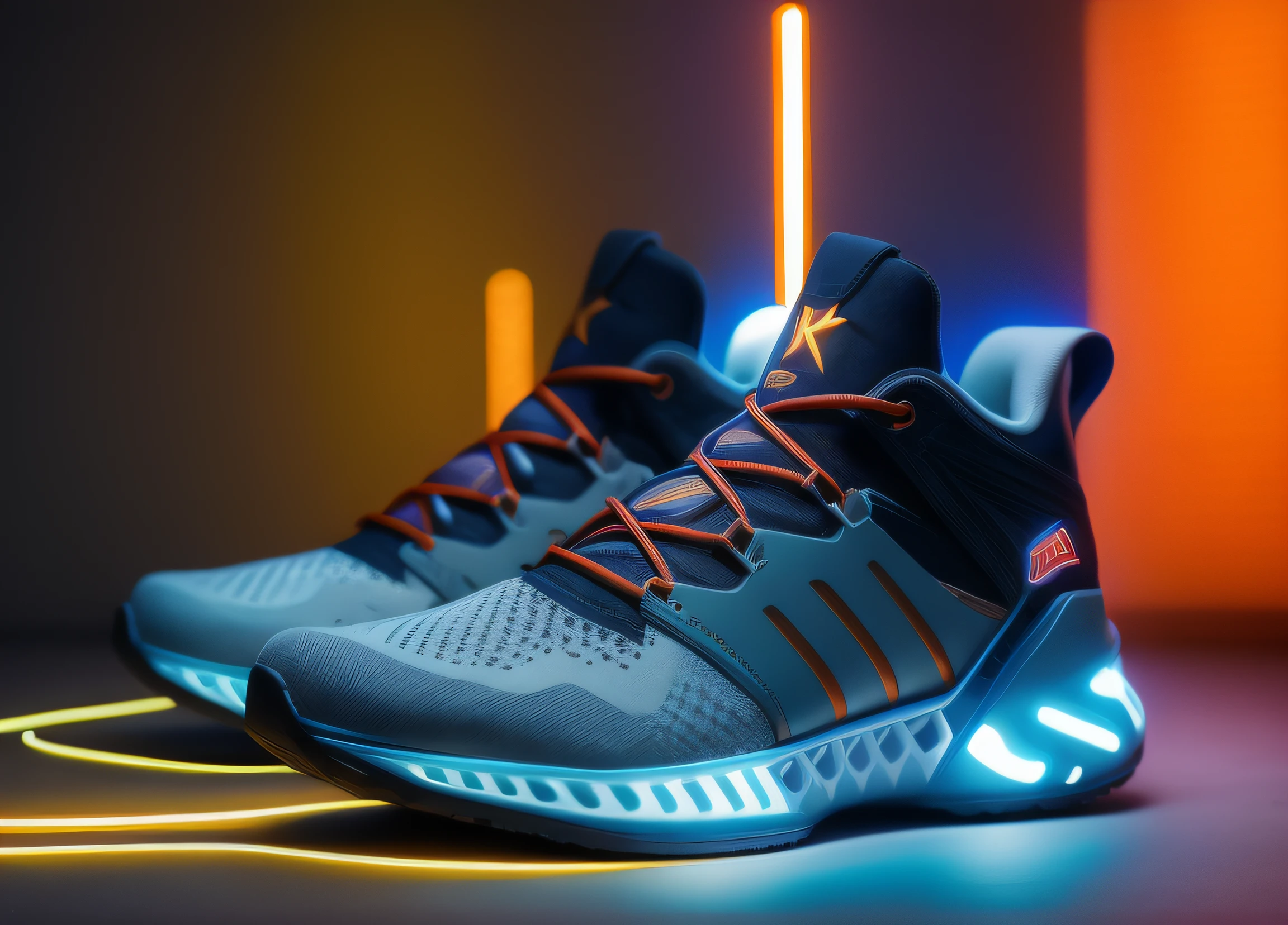product photography of a cybepunk sneaker, epic rendering, octane, atmosphere, particles, soft volumetric lights, (backlit:1.3), (cinematic:1.3), intricate details cybernetica led lines, (backlight: 1.3), (film: 1.3), intricate details, (ArtStation: 1.3) )product photography of a sneaker,shoes,children's shoes,cyberpunk,detail,(side view),center of page,photographic,hd,4k,colors blue , white,orange.gold,,radical sole design,estylish,youth product,4k,colors blue,white,neon orange,,radical sole design,and stylish,youth product with led lines