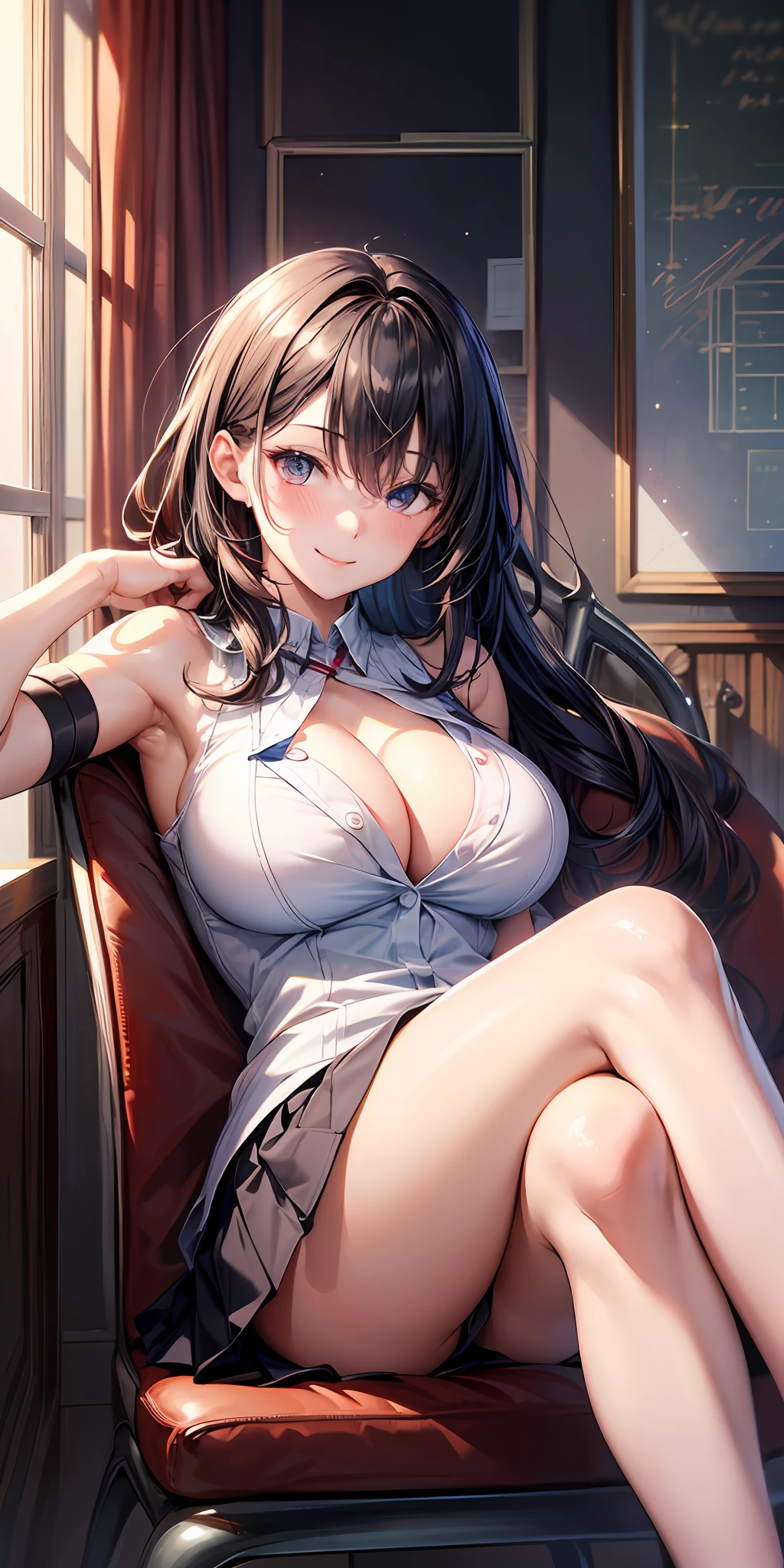 masterpiece, best quality, official art, extremely detailed CG unity 8k wallpaper, detailed background, 1girl, school unifrom, sleeveless, short skirt, huge breasts, hanging breasts, cleavage, blushing, seductive smile, bare shoulders, sitting, (leaning forward), (crossing legs:1.4),