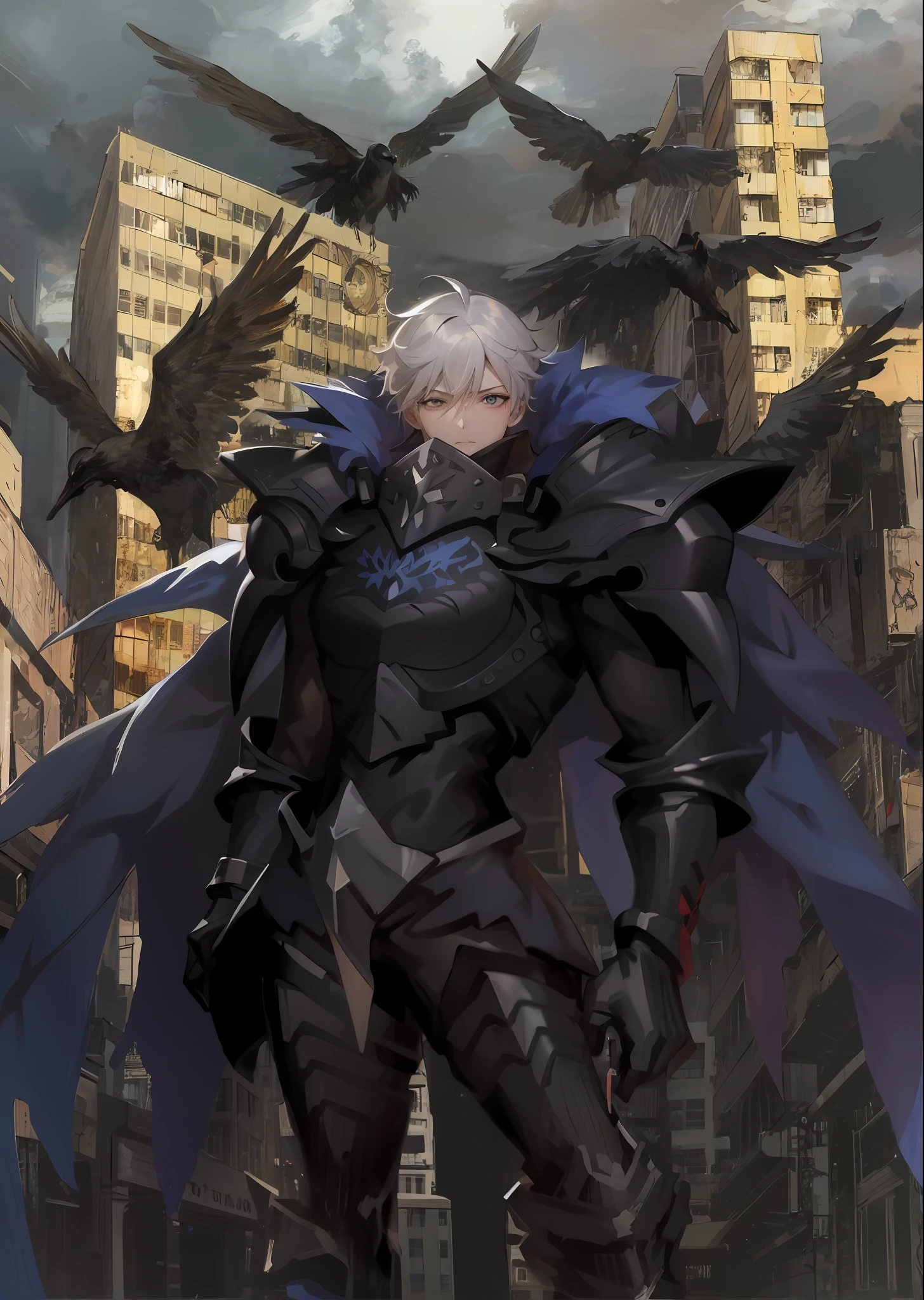 anime character with wings and a bird in a city, badass anime 8 k, Best anime 4k konachan wallpaper, Tall anime guy with blue eyes, Key anime art, high detailed official artwork, from arknights, officlal art, arknights, fate grand order, anthropomorphic raven knight, anime style like fate/stay night, detailed key anime art