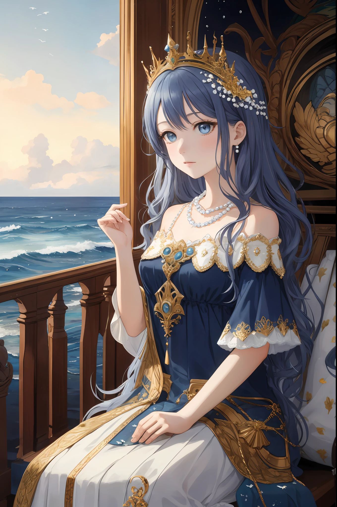 Maiden, alone, long navy blue hair, blue eyes, dress, necklace, pearl, shell, waves, ocean, sea, fish, boat, hyperdetail, best picture quality, white crown, masterpiece, superlative, headdress, hair ornament, intricate details, off-the-shoulder, fairy of the gods