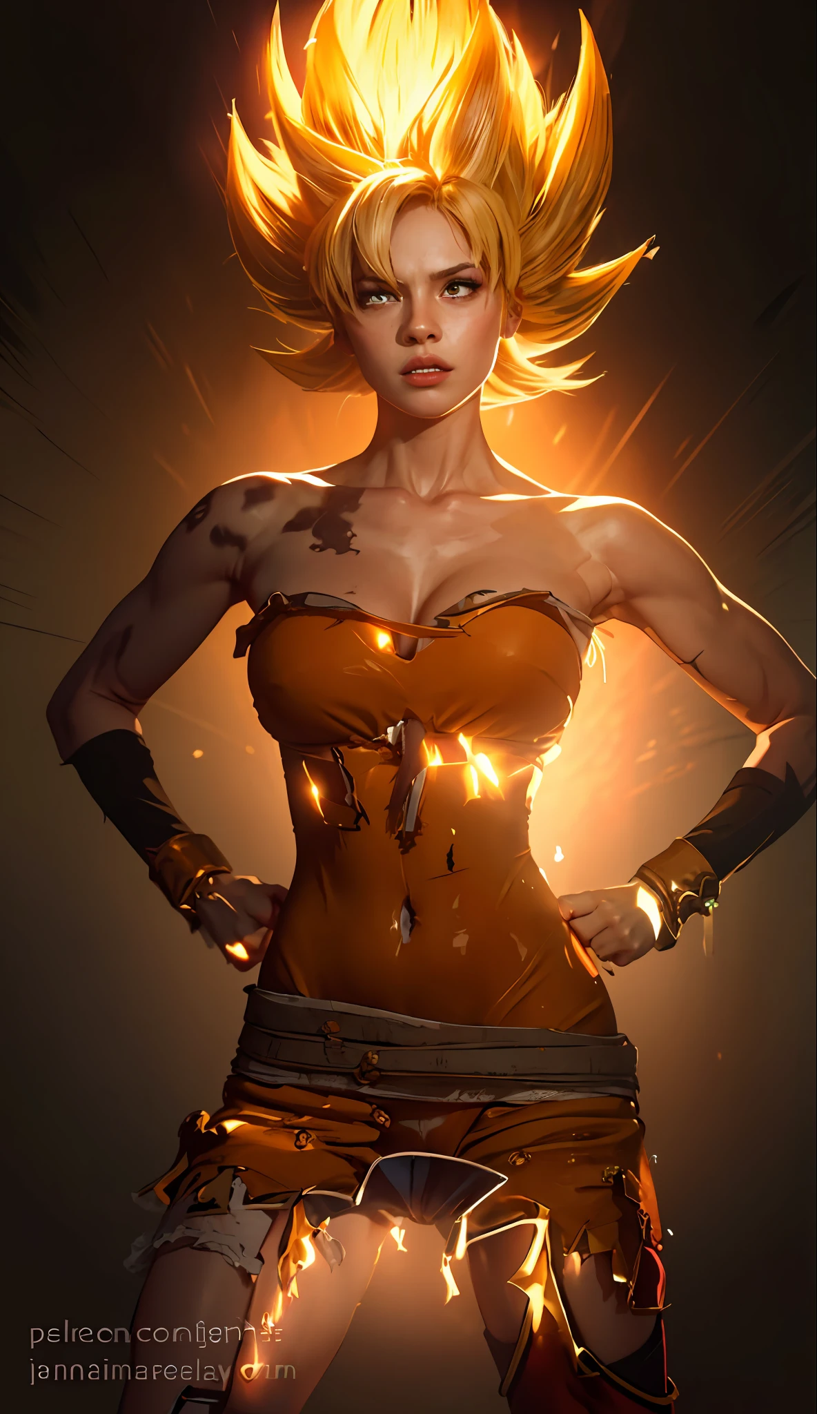 (realistic: 1.2), (realism), (masterpiece: 1.2), (best quality), (ultra detailed), (8k, 4k, complex),(full body shot: 1), (85mm), particles light, lighting, (high detailed: 1.2), (detailed face: 1.2), big eyes, beautiful goddess, makeup, perfect face, perfect lighting, 1girl, super saiyan, woman, blonde hair, (super saiyan), spiky hair , (long hair), energy ball in right hand, death glow, serious look, TurtleSchoolUniform, dougi, belt, orange pants, blue shoes, small, fist, huge chest, (glowing skin), glowing skin, wind blowing to top, yellow power aura, green pupils, gravel background, broken ground, (finely detailed skin: 1.3), cinematic light, edge lighting, ultra high resolution, best shadow, delicate, octane, unreal engine, (cameltoe:1.3) , walking the streets of Japan)), random poses,