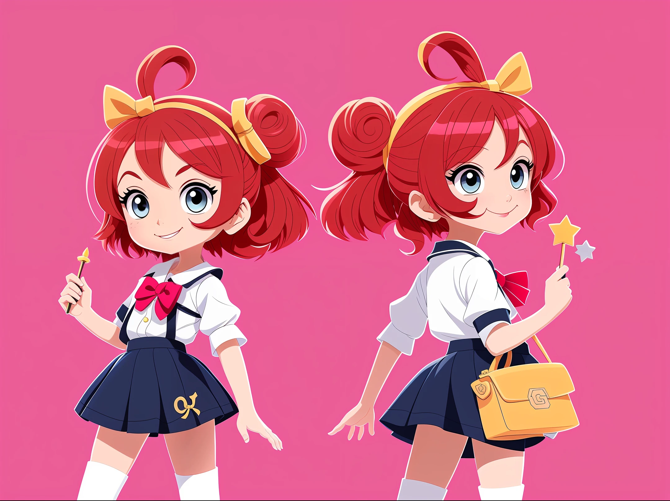 menina 9 anos estilo cartoon bem infantil. kidny. personagem para capa de ebook infantil. Curly and red hair up to the shoulder. Bow on pink head. Olhos castanhos e grandes. pele branca. mesmo personagem. wearing dark blue skirt and white blouse as high school uniform. Meia branca e sapato preto, estilo cartoon. various poses, same character deta reference --auto --s2