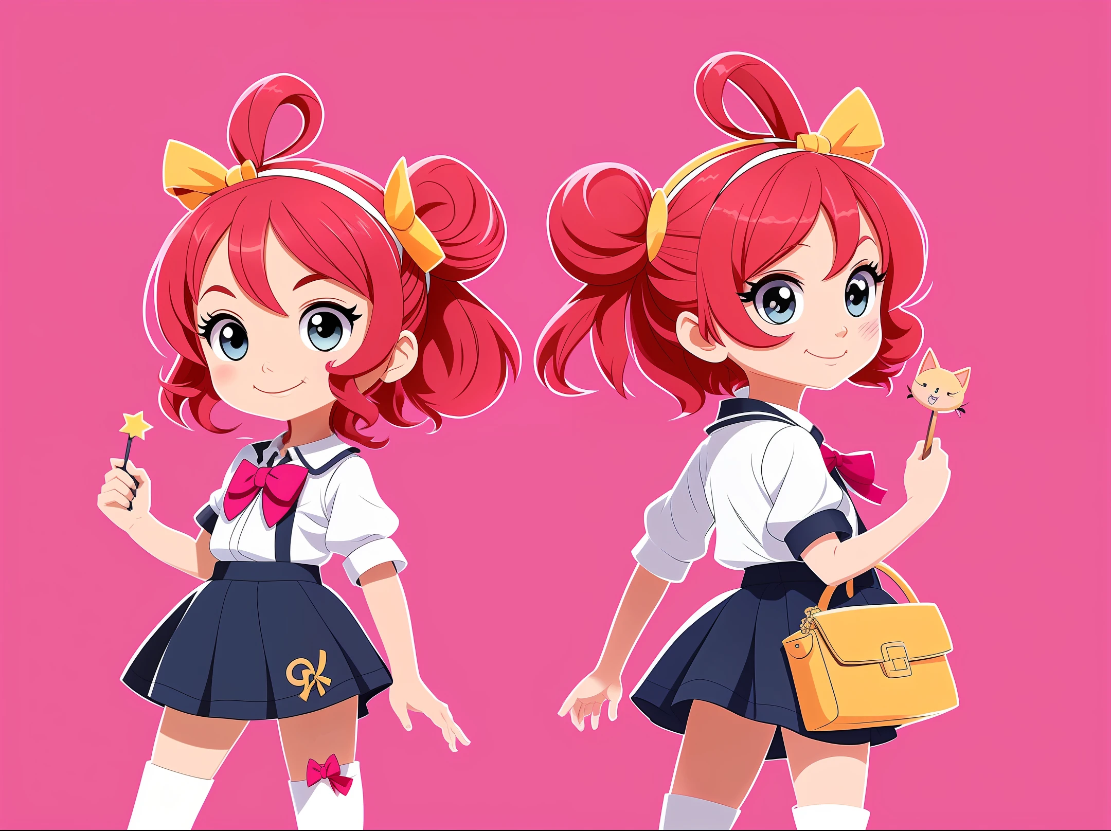menina 9 anos estilo cartoon bem infantil. kidny. personagem para capa de ebook infantil. Curly and red hair up to the shoulder. Bow on pink head. Olhos castanhos e grandes. pele branca. mesmo personagem. wearing dark blue skirt and white blouse as high school uniform. Meia branca e sapato preto, estilo cartoon. various poses, same character deta reference --auto --s2
