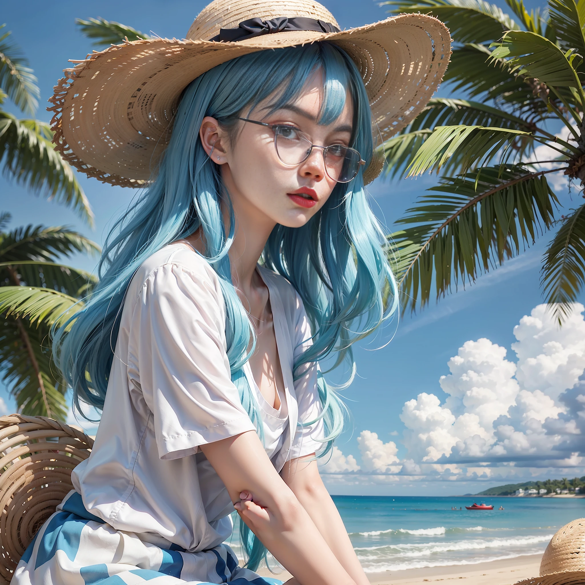 A young girl，iwhite colored hair，By the sea in summer，Cool white short sleeves，straw hat，Square frame glasses，looking  to sky，blue sky with white clouds，A clear sky，A fresh breeze blows your hair