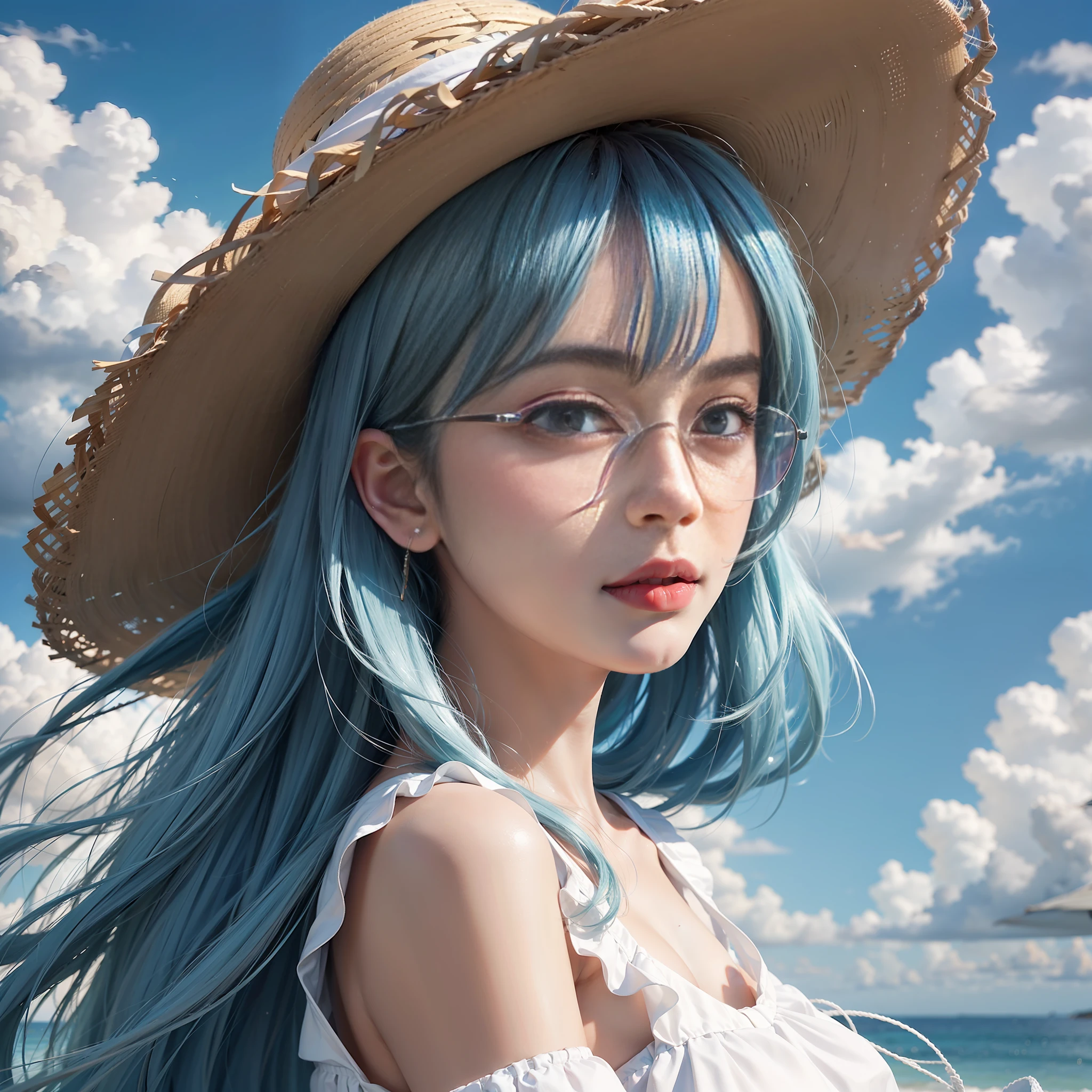 A young girl，iwhite colored hair，By the sea in summer，Cool white short sleeves，straw hat，Square frame glasses，looking  to sky，blue sky with white clouds，A clear sky，A fresh breeze blows your hair