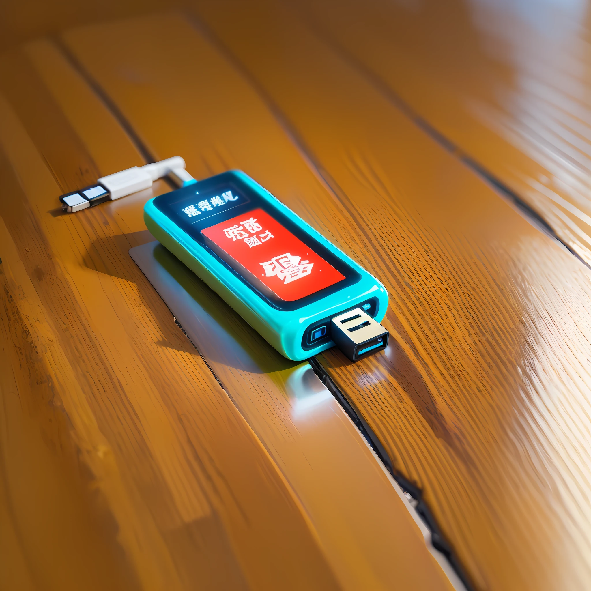There is only one USB stick on the table,Do not appear any text symbols on the surface of the USB disk,A little decoration on the table,Give this USB stick a close-up,Overall bright style。