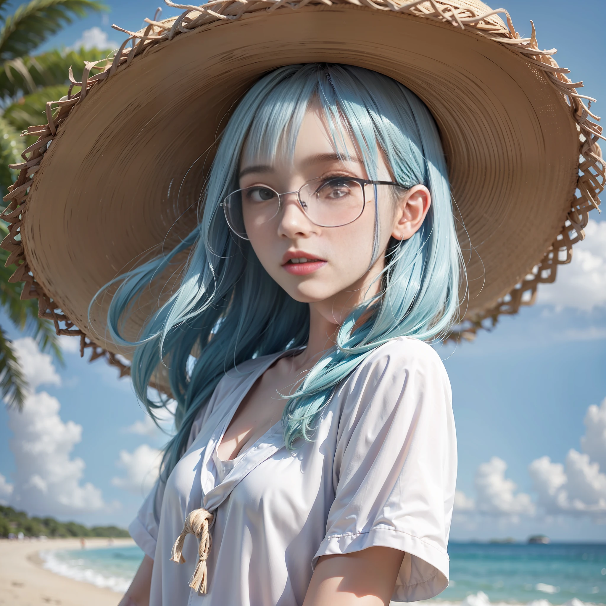 A young girl,iwhite colored hair,By the sea in summer,Cool white short sleeves,straw hat,Square frame glasses,looking to sky,blue sky with white clouds,A clear sky,A fresh breeze blows your hair